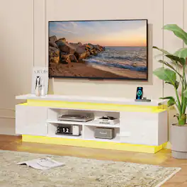 Skyzoo - TV Stand with LED Lights & Power Outlets for TVs up to 80", Modern Entertainment Center - White