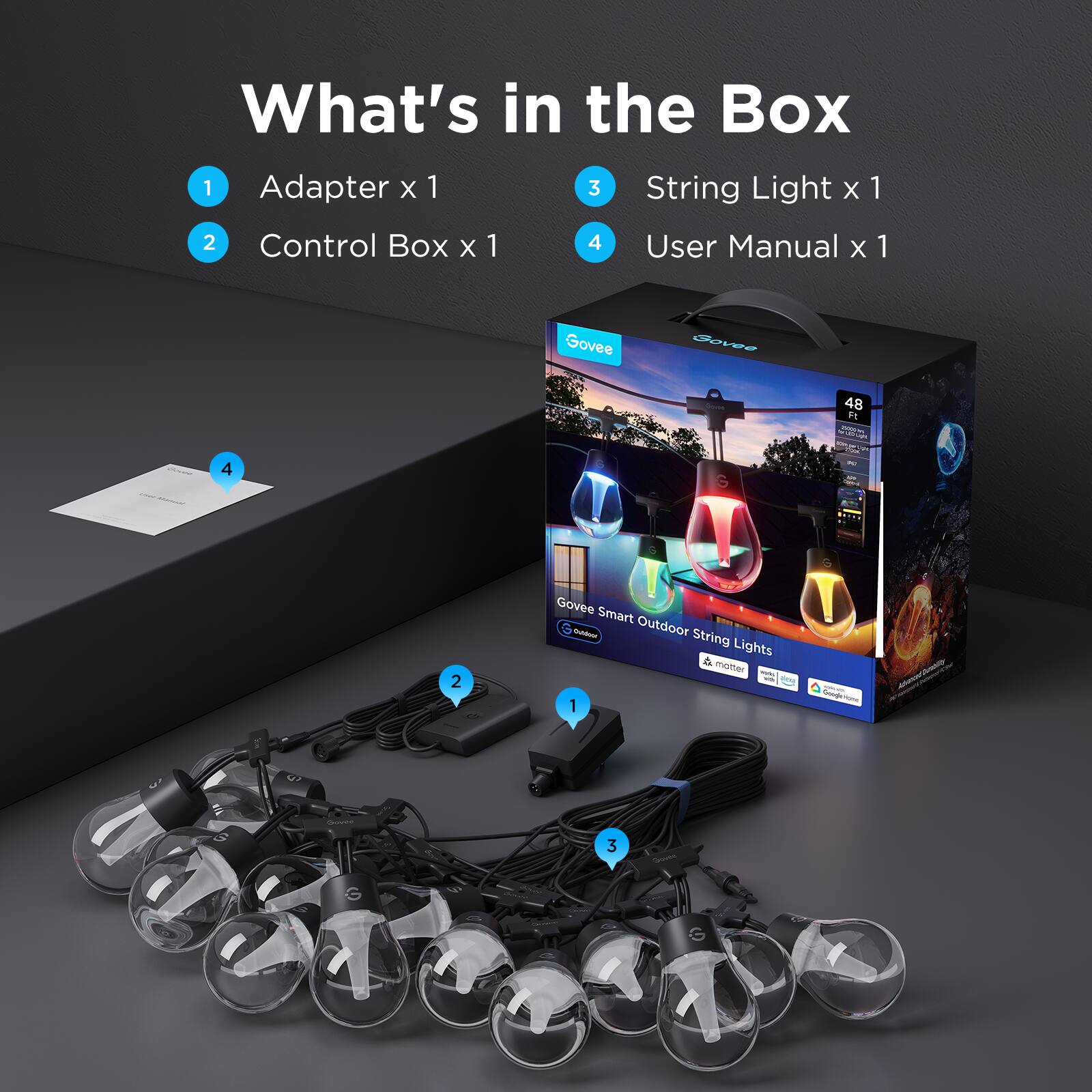 What's in the Box

1. Adapter x 1  
2. Control Box x 1  
3. String Light x 1  
4. User Manual x 1  

Govee Smart Outdoor String Lights  
48 FT  
Govee