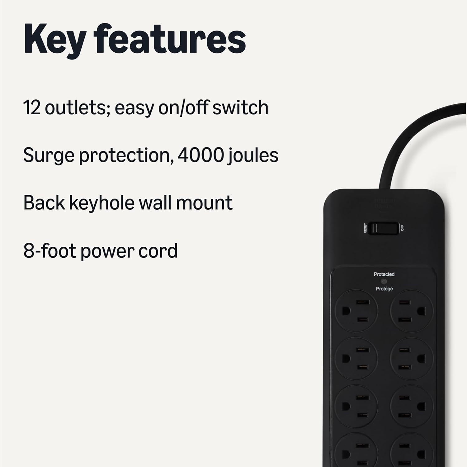 Key features

12 outlets; easy on/off switch

Surge protection, 4000 joules

Back keyhole wall mount

8-foot power cord