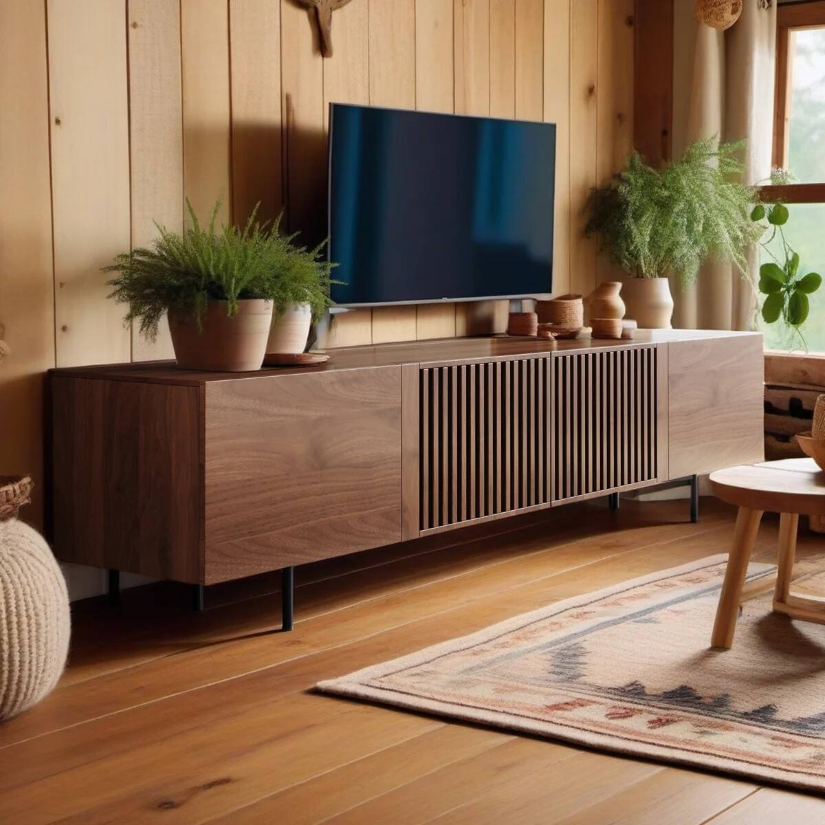 Angle. luck idea - 94.48" Walnut Fluted TV Stand for TV Up to 100", Mid-Century Media Console with Storage Cabinets & Metal Legs - Brown.