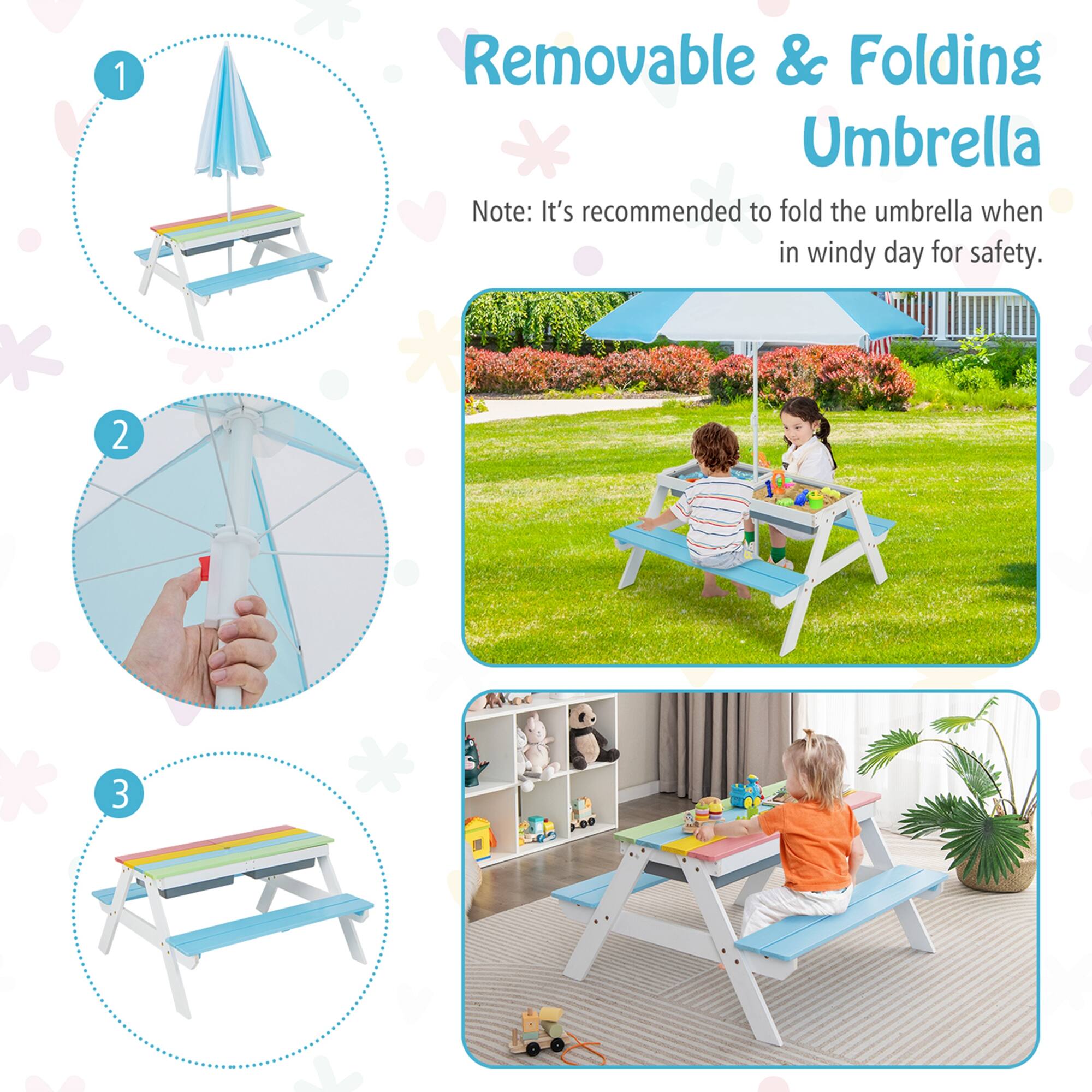 1. Removable & Folding Umbrella  
   Note: It's recommended to fold the umbrella when in windy day for safety.

2. [Image of a hand holding the umbrella]

3. [Image of the table without the umbrella]