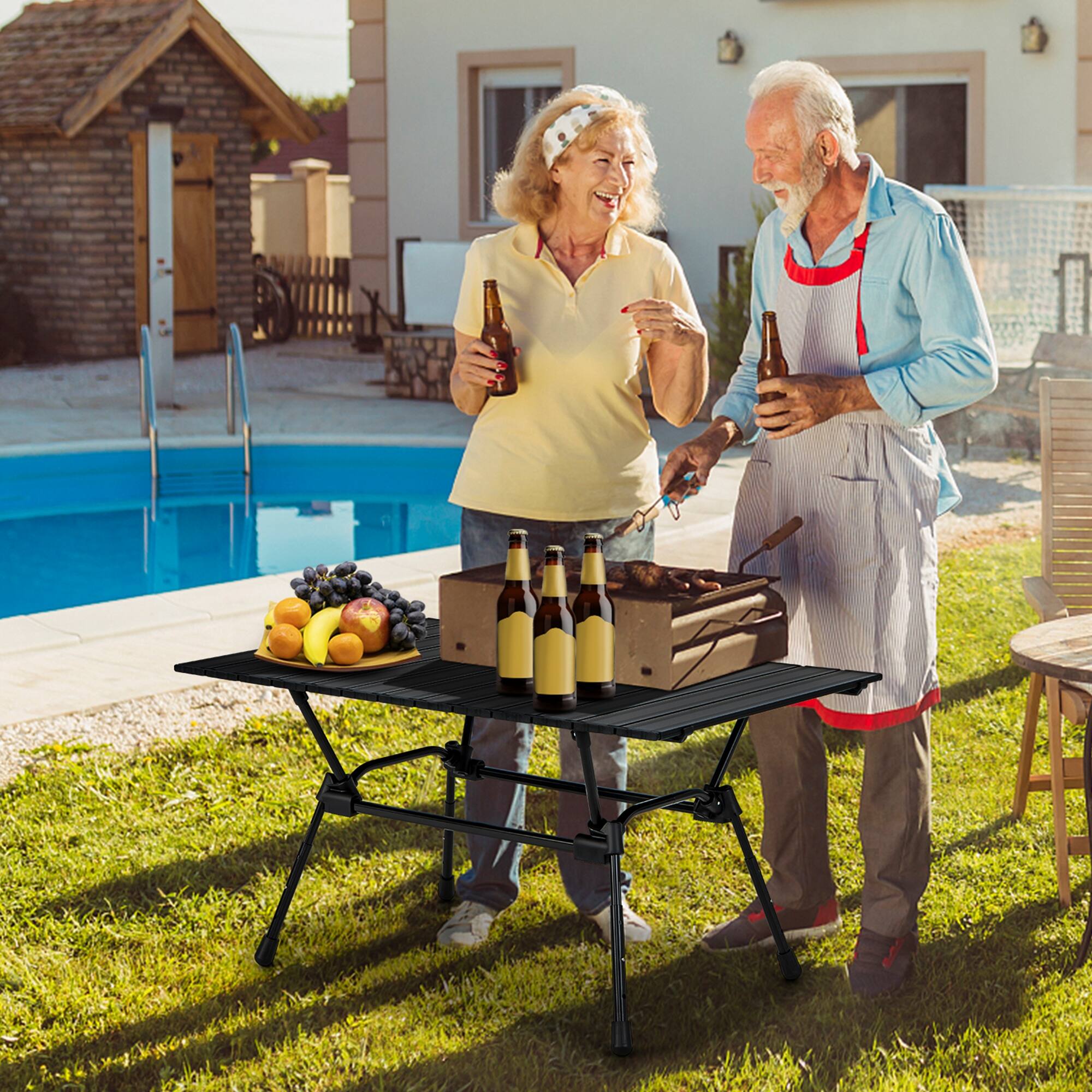 Angle. Costway - Heavy-Duty Aluminum Camping Table, Folding Outdoor Picnic Table with Carrying Bag Black - Black.