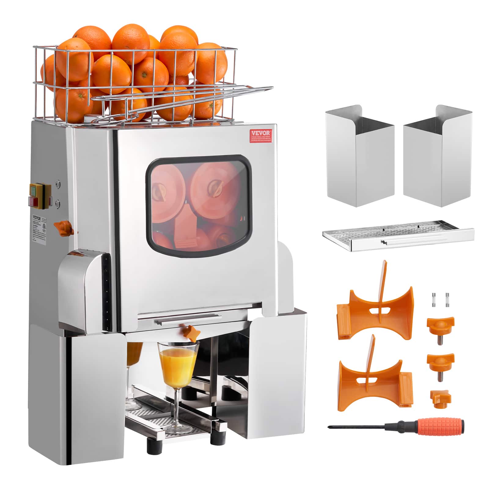 VEVOR - Commercial Orange Juicer Machine, 120W Automatic Juice Extractor, Stainless Steel Orange Squeezer 20 Oranges/Minute - Orange + stainless steel