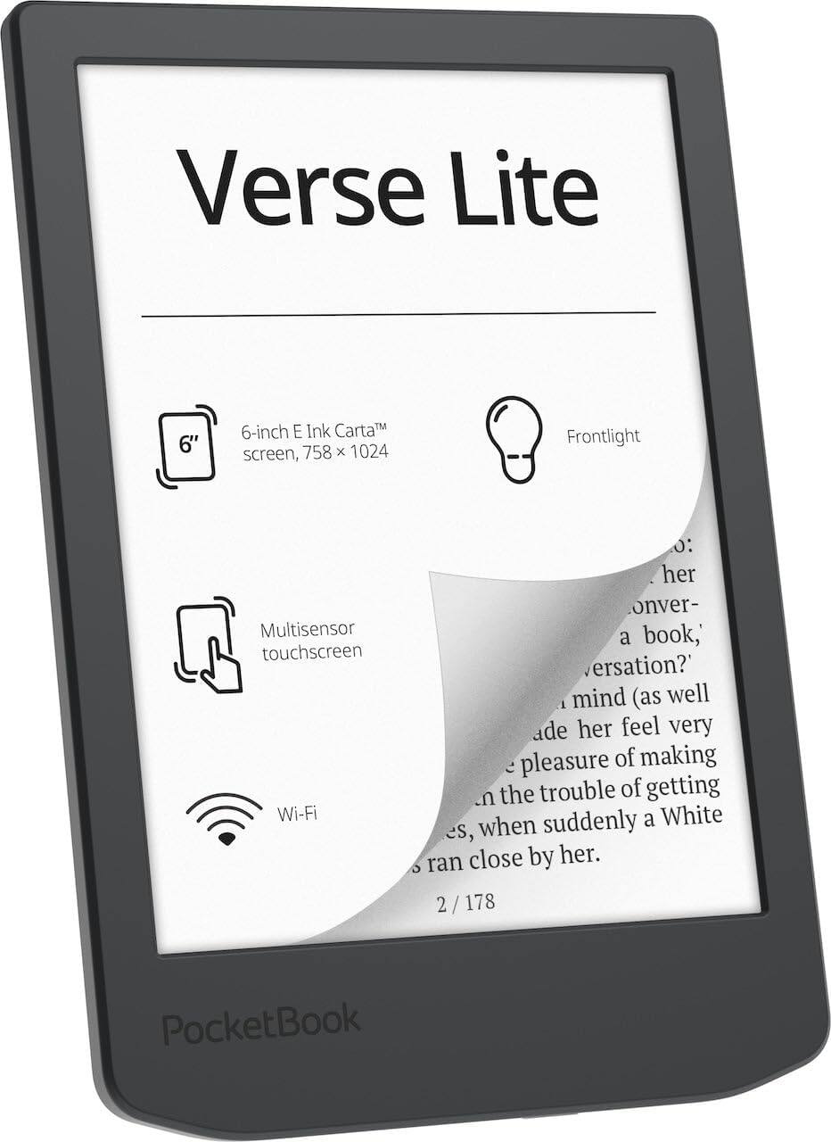Verse Lite

- 6-inch E Ink Carta™ screen, 758 x 1024
- Multisensor touchscreen
- Frontlight
- Wi-Fi

PocketBook

---

her onver- a book, versation? mind (as well ade her feel very pleasure of making the trouble of getting n when suddenly a White es, ran close by her.

2 / 178
