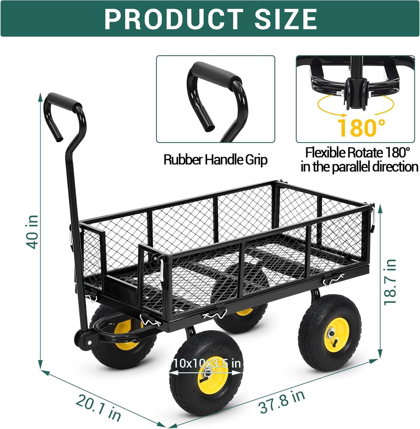 PRODUCT SIZE

- Rubber Handle Grip
- Flexible Rotate 180° in the parallel direction

Dimensions:
- 40 in (height)
- 37.8 in (length)
- 20.1 in (width)
- 18.7 in (depth)
- 10x10x3.5 in (wheel size)
