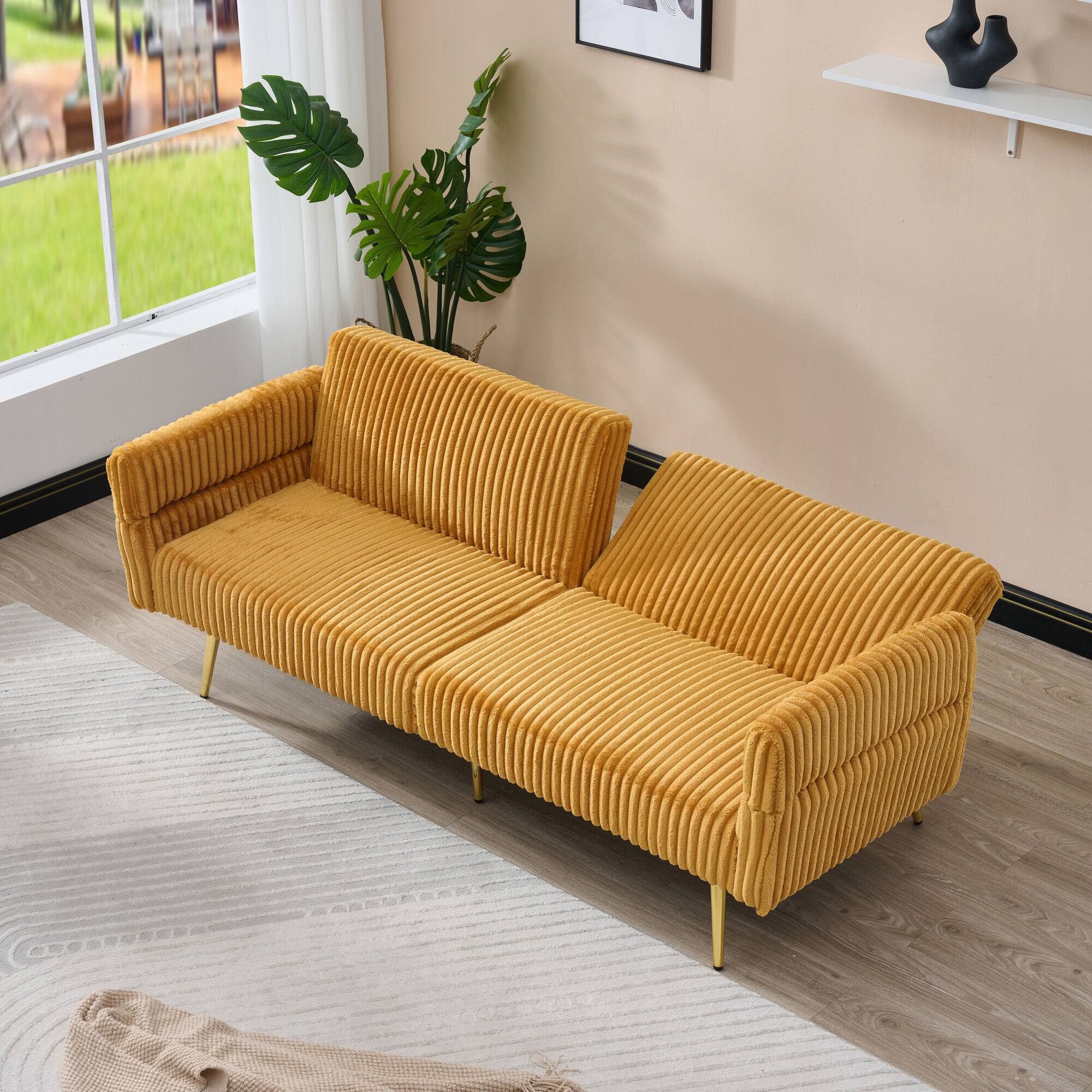 Back. GOODSILO - Foldable Corduroy Sofa Bed with Adjustable Armrests for Living Rooms and Compact Spaces - Yellow.