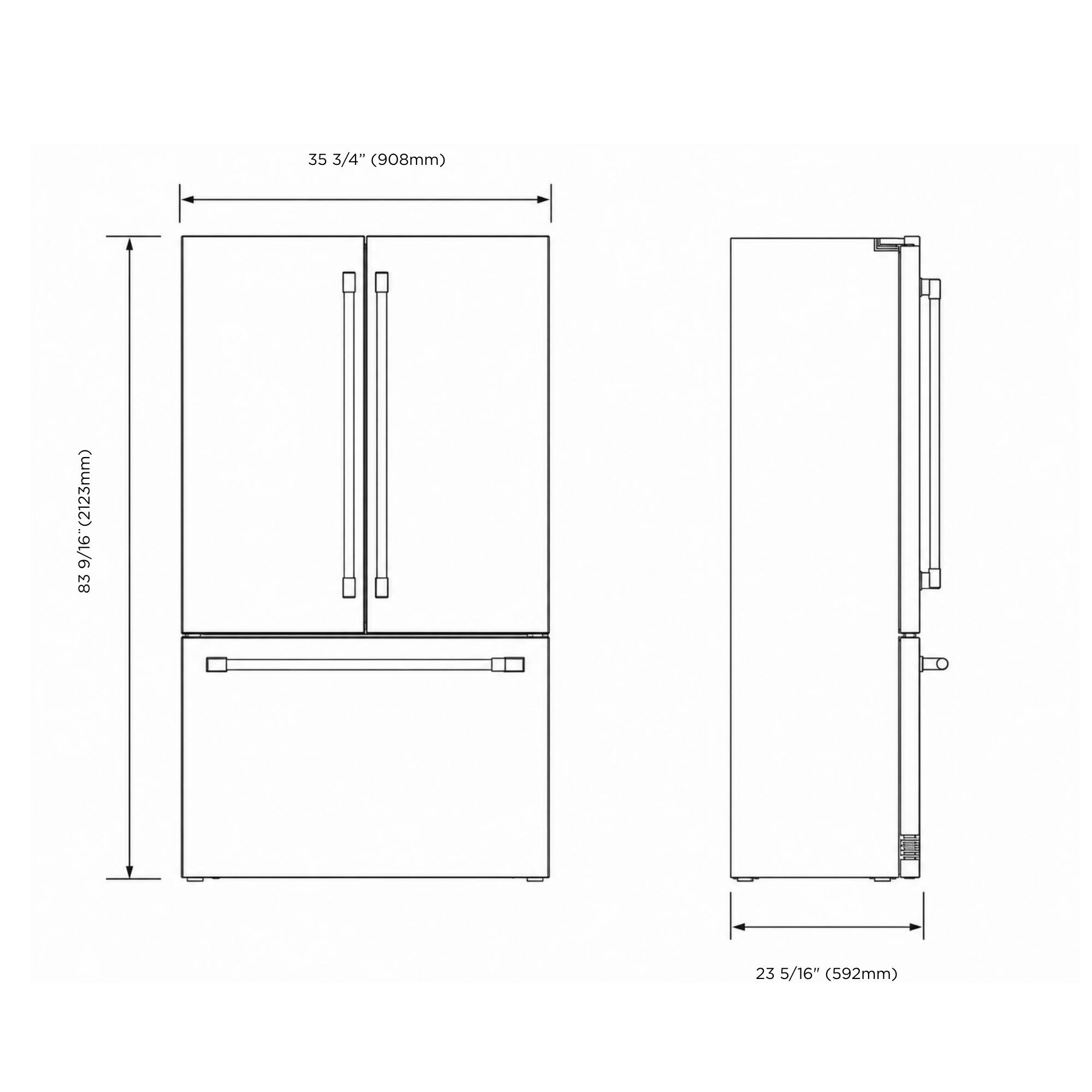 35 3/4" (908mm)  
9/16" (2123mm)  
83 23 5/16" (592mm)