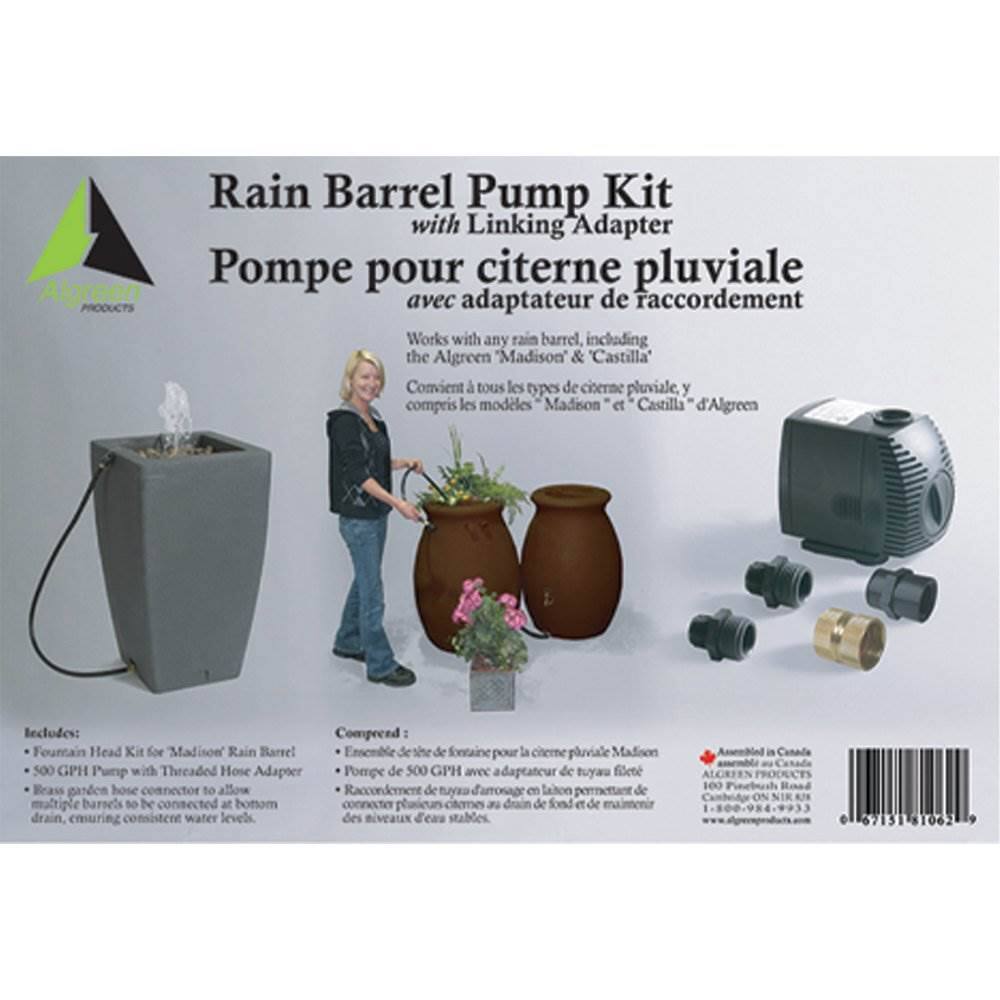 Rain Barrel Pump Kit with Linking Adapter  
Pompe pour citerne pluviale avec adaptateur de raccordement  

PRODUCTS  
Works with any rain barrel, including the Algreen "Madison" & "Castilla"  
Convient à tous les types de citerne pluviale, y compris les modèles Madison et Castilla d'Algreen  

Includes:  
- Fountain Head Kit for Madison Rain Barrel  
- 500 GPH Pump with Threaded Hose Adapter  
- Brass garden hose connector to allow multiple barrels to be connected at bottom, ensuring consistent water levels  

Comprend:  
- Ensemble de tête de fontaine pour la citerne pluviale Madison  
- Pompe de 500 GPH avec adaptateur de tuyau fileté  
- Raccordement de tuyau en laiton permettant de connecter plusieurs citernes au fond, maintenant des niveaux d'eau stables  

1-800-924-9933  
67131 1062 9