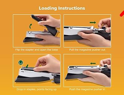 Loading Instructions

1. Flip the stapler and open the base
2. Pull the magazine pusher out
3. Drop in staples, points facing up
4. Push the magazine pusher in