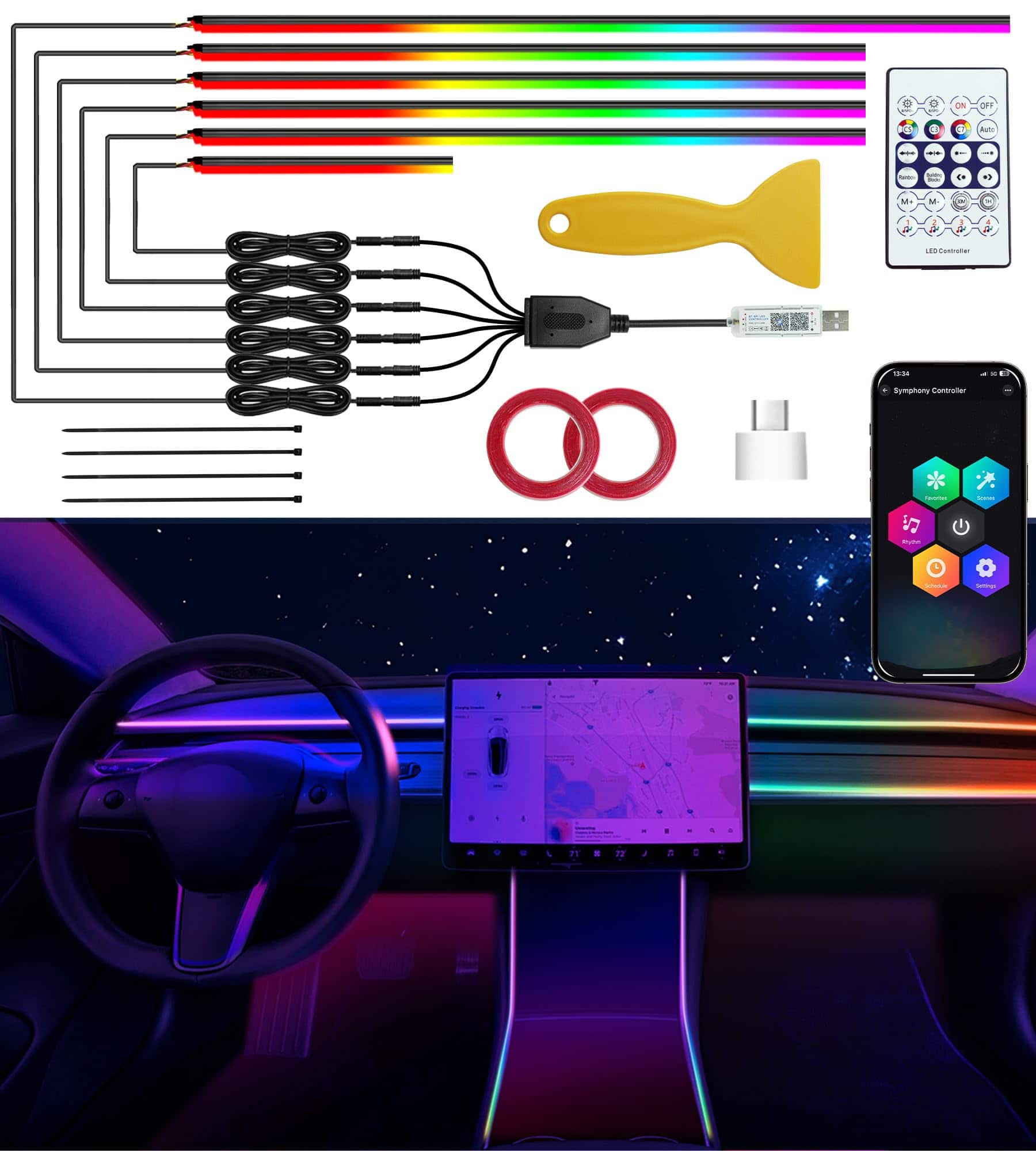 PO3TICJUNKI3- car led strip usb type interface colorful inch ambient lighting interior kit supporting wireless control modes- dreamcolor 6 light