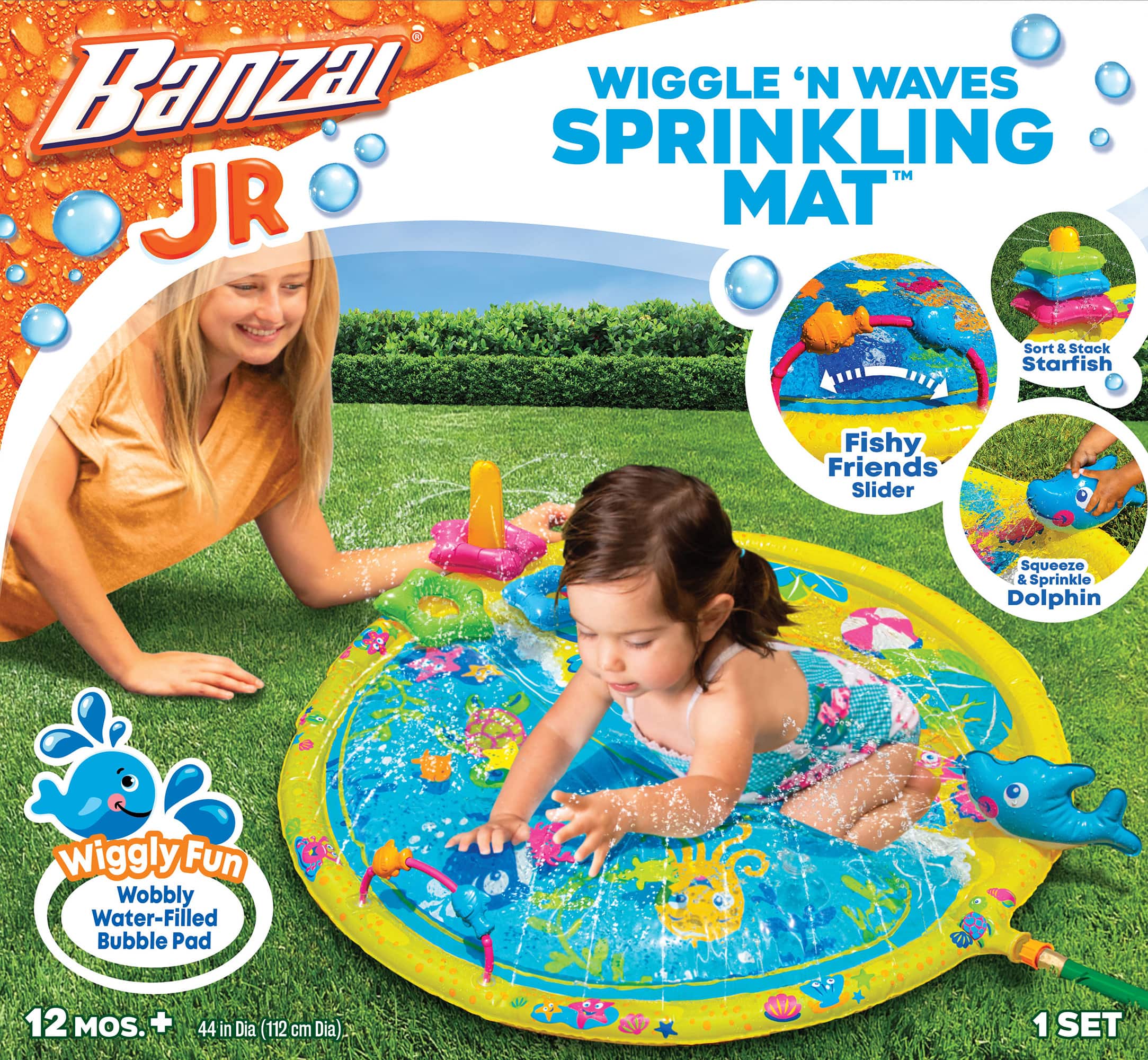 Banzal Wiggle 'N Waves Sprinkling Mat JR Sort & Stack Starfish Fishy Friends Slider Squeeze & Sprinkle Dolphin Wiggly Fun Wobbly Water-Filled Bubble Pad 12 MOS. + 44 in Dia 112 cm Dia), 1 SET