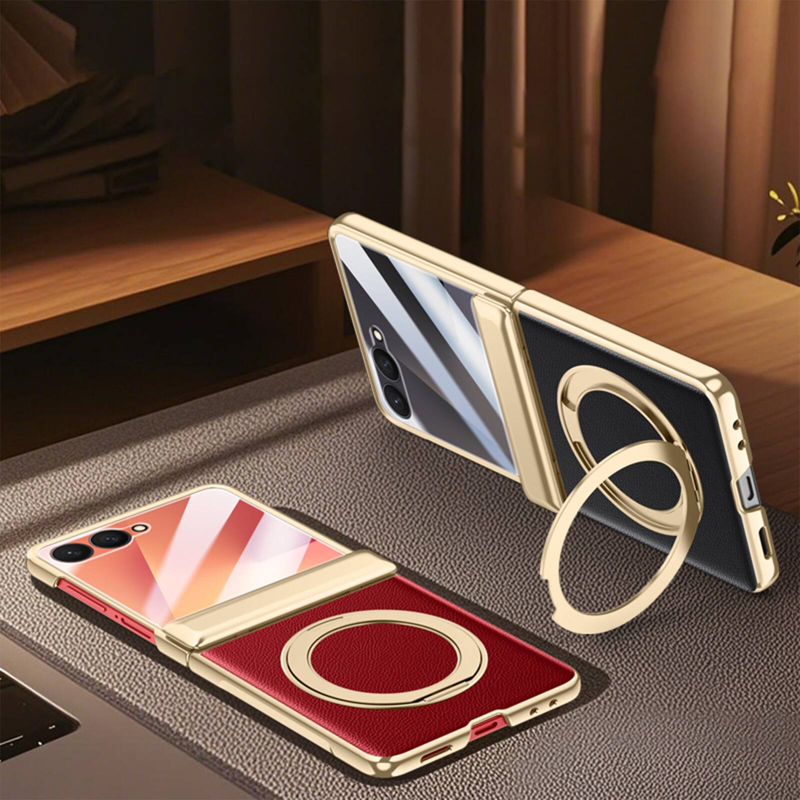 Alt View 4. Dteck - For Samsung Galaxy Z Flip7 Luxury Plated Frame Ring Stand Magnetic Case Hinge Protection Cover+Built-in Screen Protector - Green-Clear Screen.
