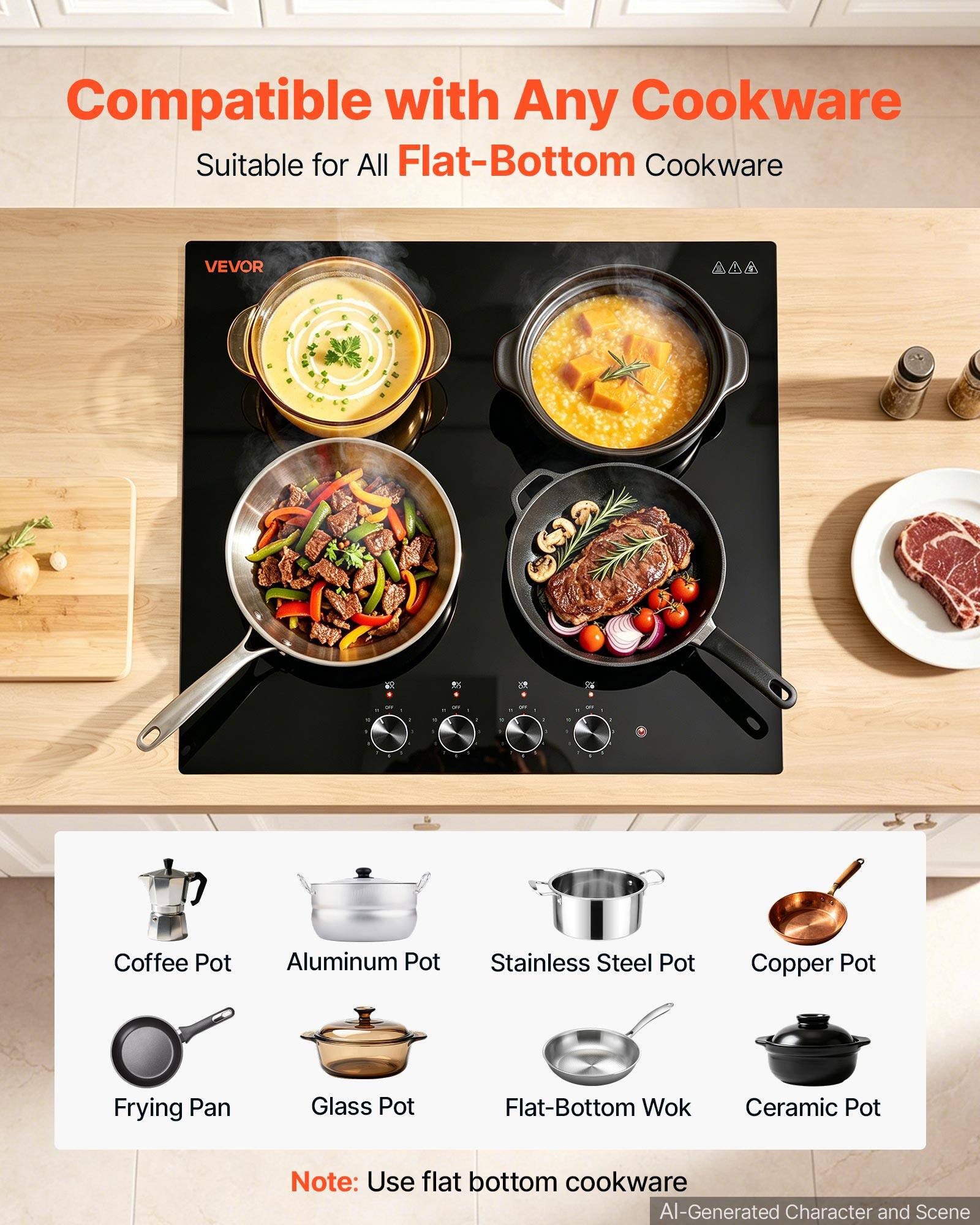 Compatible with Any Cookware  
Suitable for All Flat-Bottom Cookware

VEVOR

Coffee Pot  
Aluminum Pot  
Stainless Steel Pot  
Copper Pot  
Frying Pan  
Glass Pot  
Flat-Bottom Wok  
Ceramic Pot

Note: Use flat bottom cookware