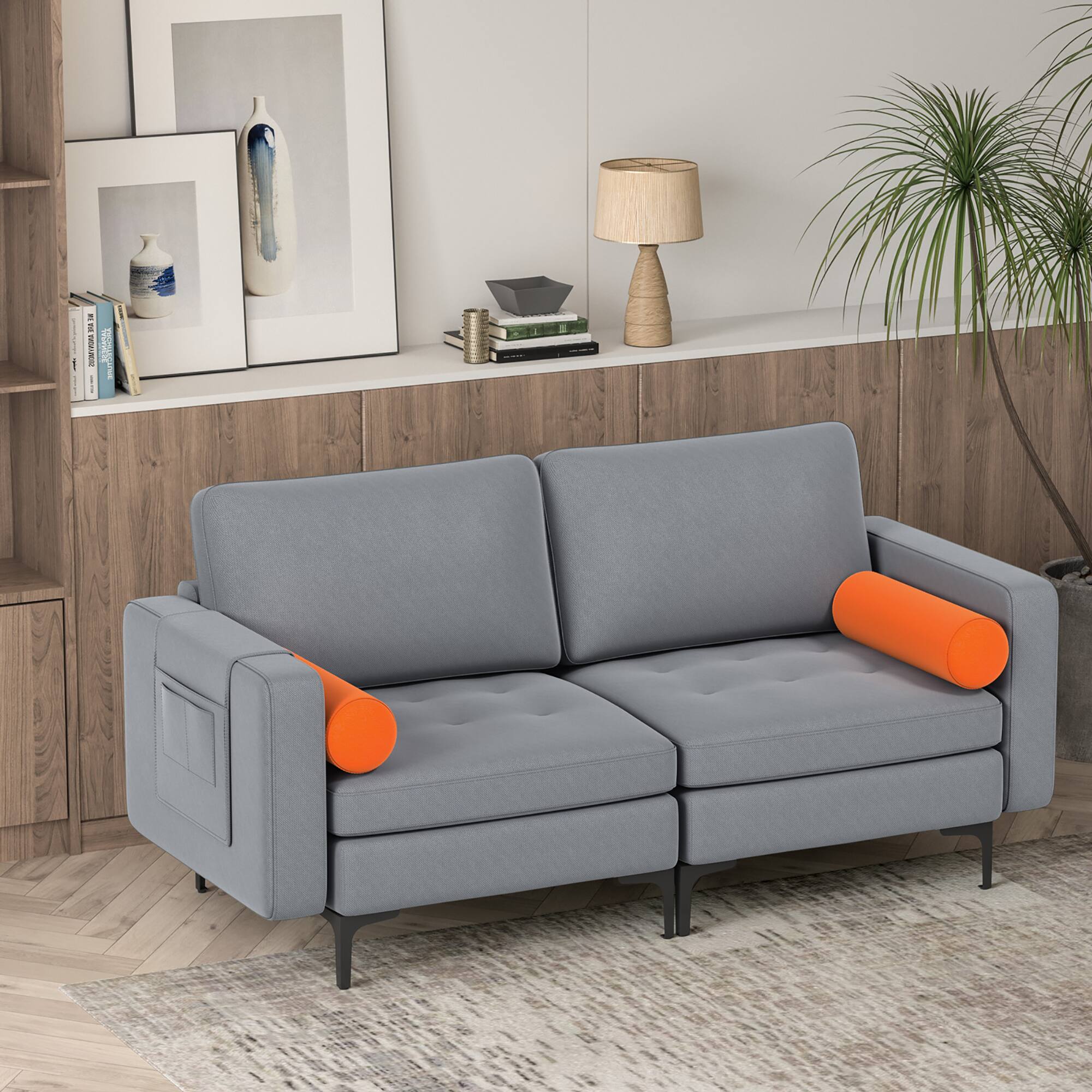 Alt View 4. Costway - Costway Modern Loveseat 2-Seat Sofa Couch w/ 2 Bolsters Side Storage Pocket Ash - Ash Gray,Orange.