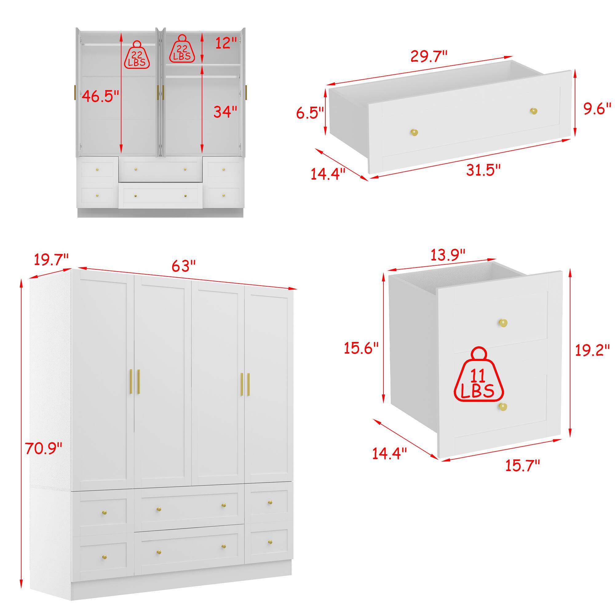 - 12"
- 29.7"
- 46.5"
- 34"
- 6.5"
- 9.6"
- 14.4"
- 31.5"
- 19.7"
- 63"
- 13.9"
- 15.6"
- 11 LBS
- 19.2"
- 70.9"
- 14.4"
- 15.7"