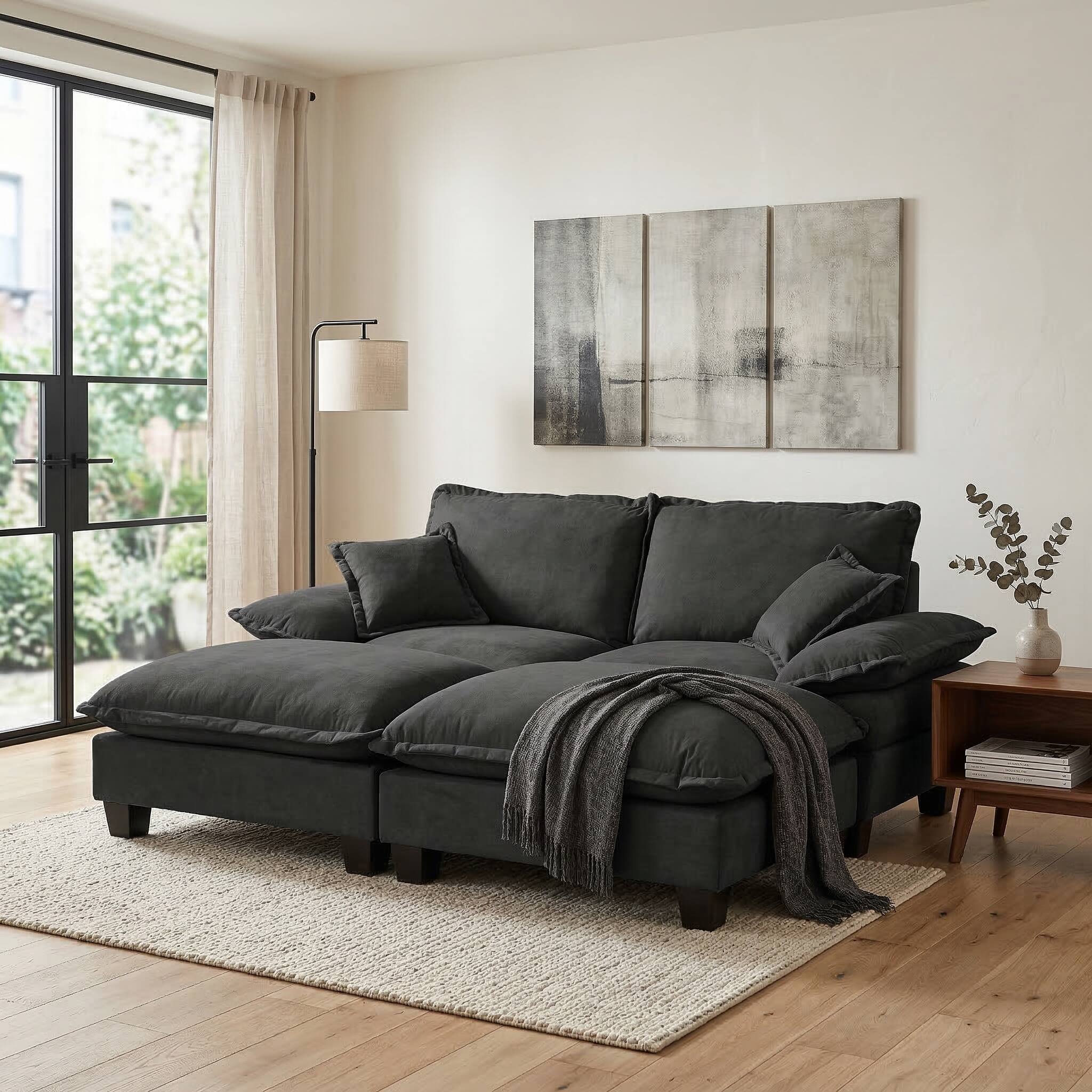 Anysun - Cloud Chenille Sectional Sofa with Sailboat Design - 2 Ottomans & 2 Pillows for Apartment Living Room - Black