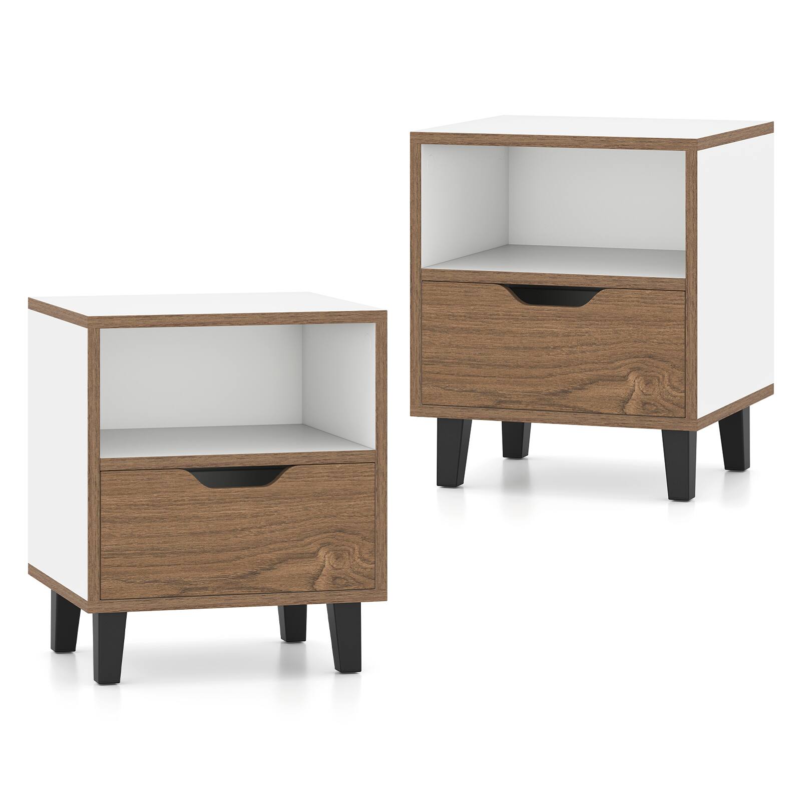 Alt View 9. Gymax - Gymax 2PCS Nightstand Mid Century Modern Bedside Table w/ Drawer Open storage Shelf - Natural, White.