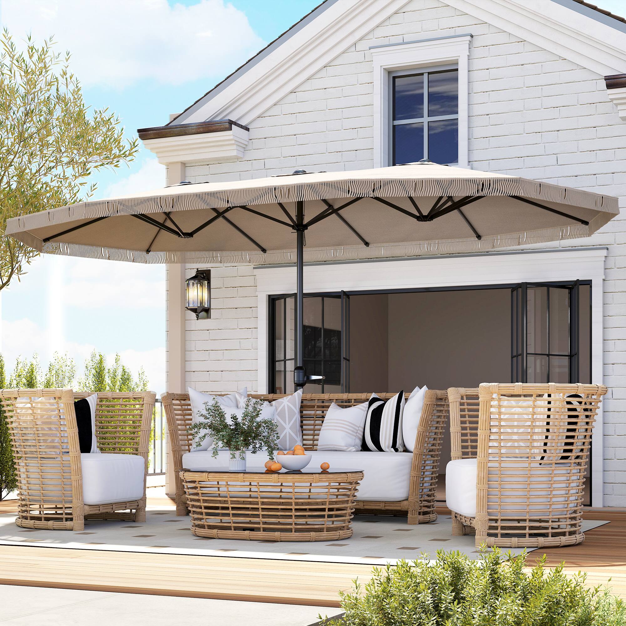 Alt View 8. Outsunny - Rectangle Patio Umbrella UPF30+ Extra Large Outdoor Umbrella with Fringe and Crank Handle - Cream.