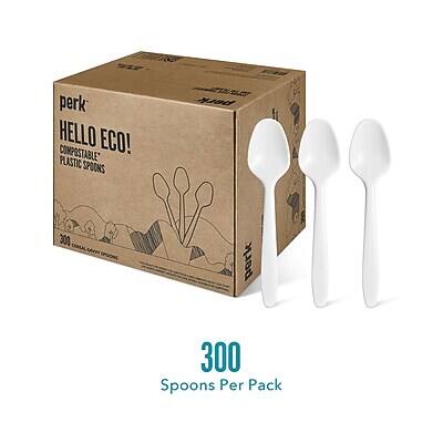 perk HELLO ECO! COMPOSTABLE PLASTIC SPOONS  
300 Spoons Per Pack