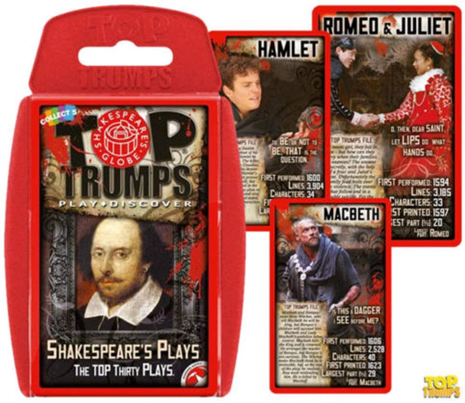 Sure, here is the corrected and grouped text from the image:

---

**Top Trumps**

**Shakespeare's Plays**

**The Top Thirty Plays**

**Hamlet**

- "To be or not to be, that is the question"
- First performed: 1600
- Lines: 3,904
- Characters: 34
- First printed: 1623
- Largest part: 20

**Romeo & Juliet**

- "Then dear saint, let lips do what hands do"
- First performed: 1594
- Lines: 3,185
- Characters: 33
- First printed: 1597
- Largest part: 20

**Macbeth**

- "This dagger see, how it looks like a dagger"
- First performed: 1606
- Lines: 2,528
- Characters: 40
- First printed: 1623
- Largest part: 29

**Play. Discover.**

---

**Top Trumps**