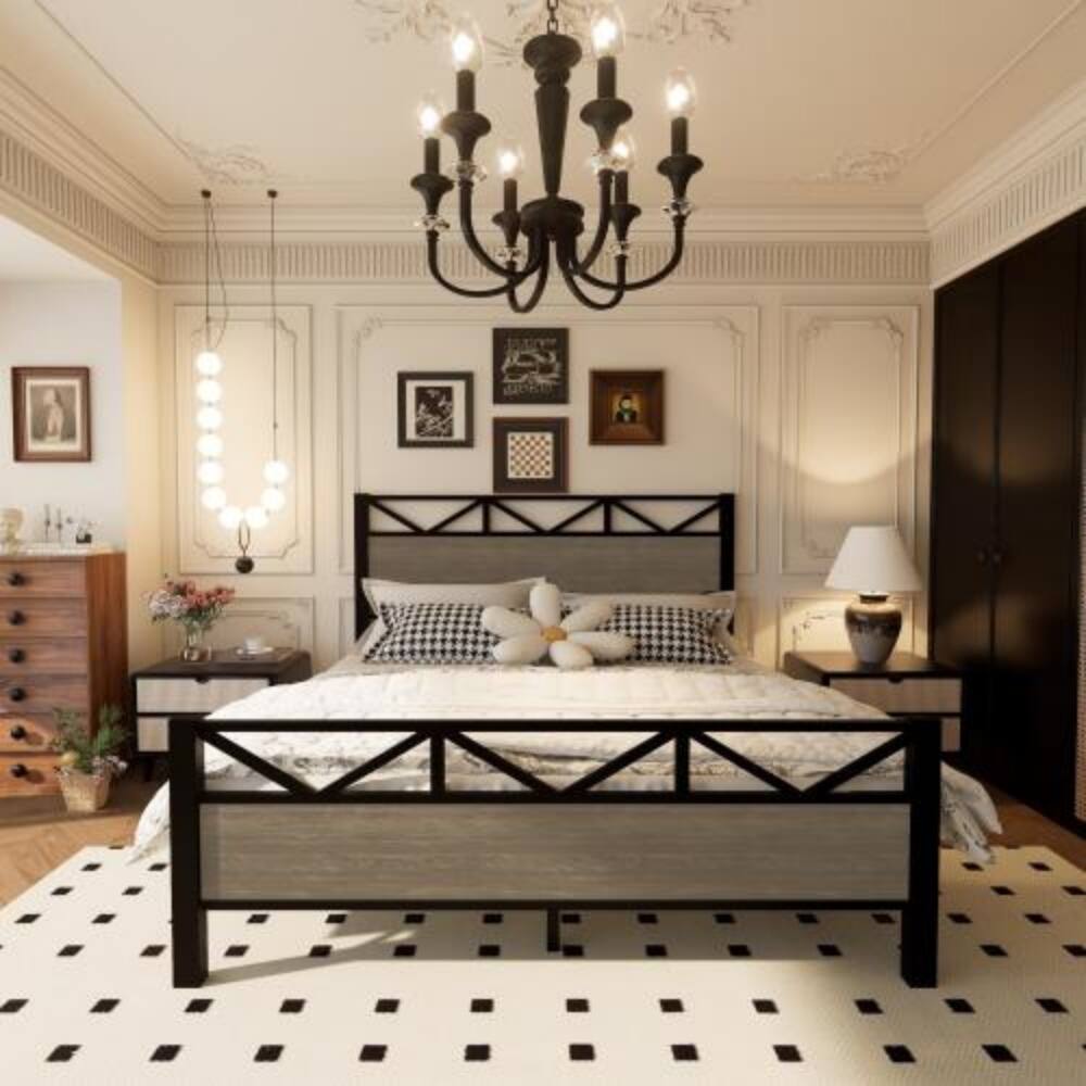 Left. LUCKY ONE - Full Size Bed Frame with Industrial Style Headboard and Footboard, Metal Slats, No Box Spring Needed, Easy Assembly - Black+Brown.