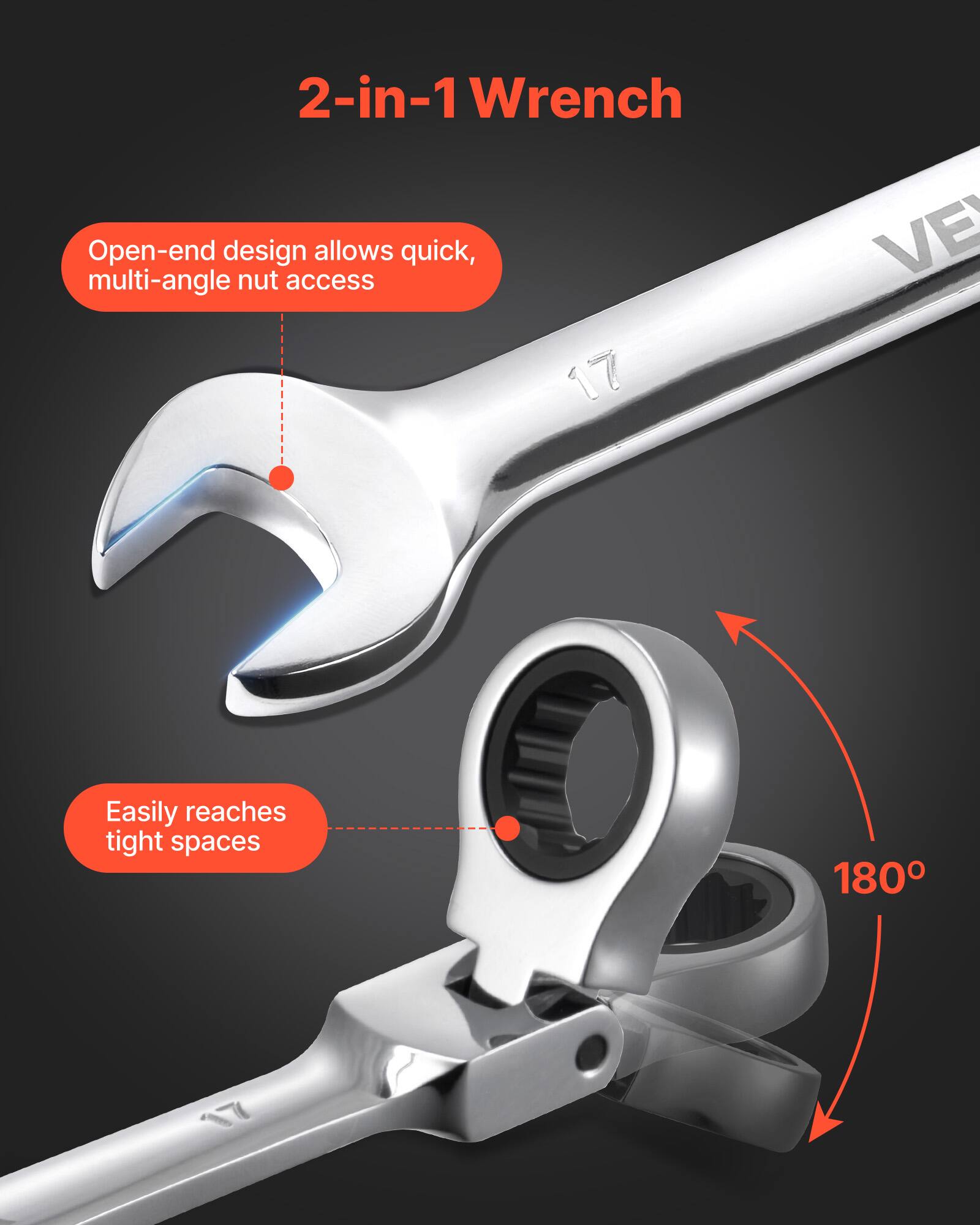 2-in-1 Wrench

Open-end design allows quick, multi-angle nut access

Easily reaches tight spaces

180°