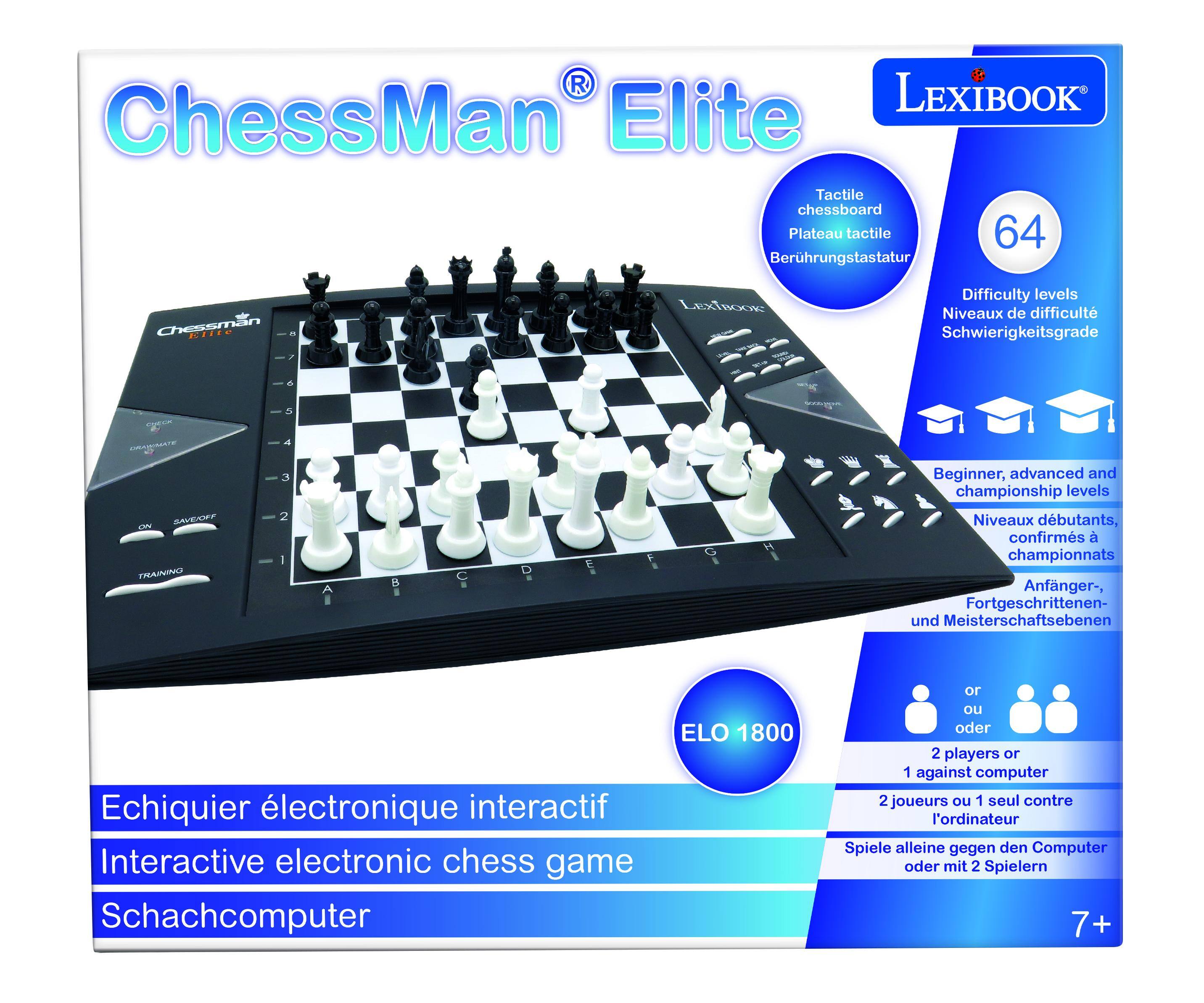 LEXIBOOK ChessMan Elite Tactile chessboard Plateau tactile 64 Berhrungstastatur Chessman Kiie - LexTROOK Difficulty levels Niveaux de difficult Schwierigkeitsgrade 7 o 5 C 4 MUTOF UN TRAINING 3 2 I 5 A H I Beginner, advanced and championship levels Niveaux dbutants, confirms a championnats Anfanger-, Fortgeschrittenen- und Meisterschaftsebenen Echiquier lectronique interactif Interactive electronic chess game Schachcomputer ELO 1800 or ou oder 2 players or 1 against computer 2 joueurs ou 1 seul contre l'ordinateur Spiele alleine gegen den Computer oder mit 2 Spielern 7+