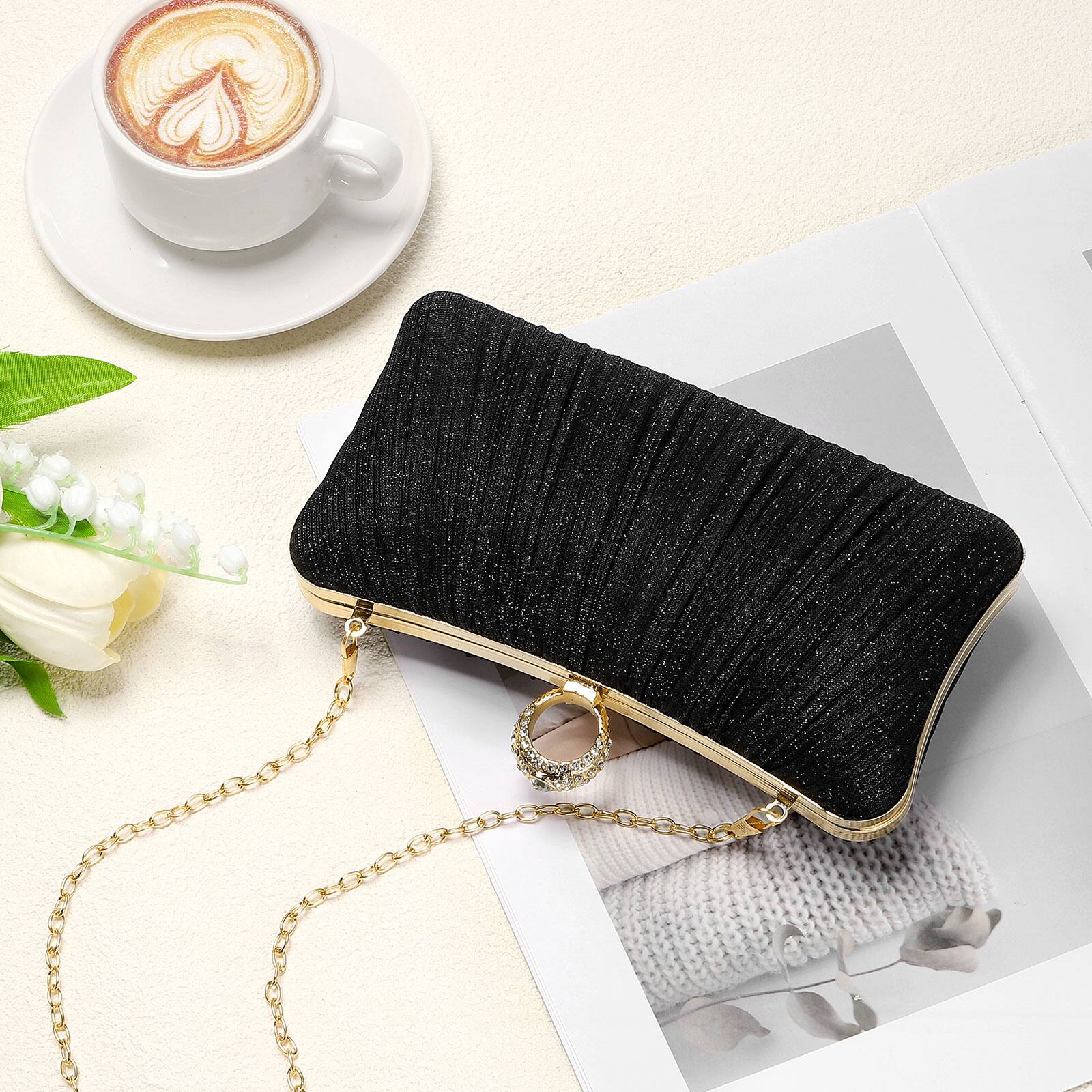 Alt View 5. Unique Bargains - Sparkly Evening Clutch Purse for Women, Vintage Ring Rhinestone Buckle Clasp Handbag for Bridal Wedding 1920s Party - Black.