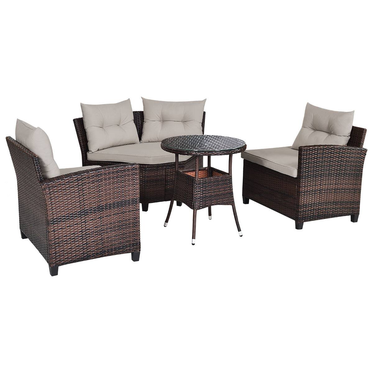 Left. Costway - 4PCS Outdoor Patio Rattan Furniture Set Cushioned Sofa Table - dark brown&Grey.