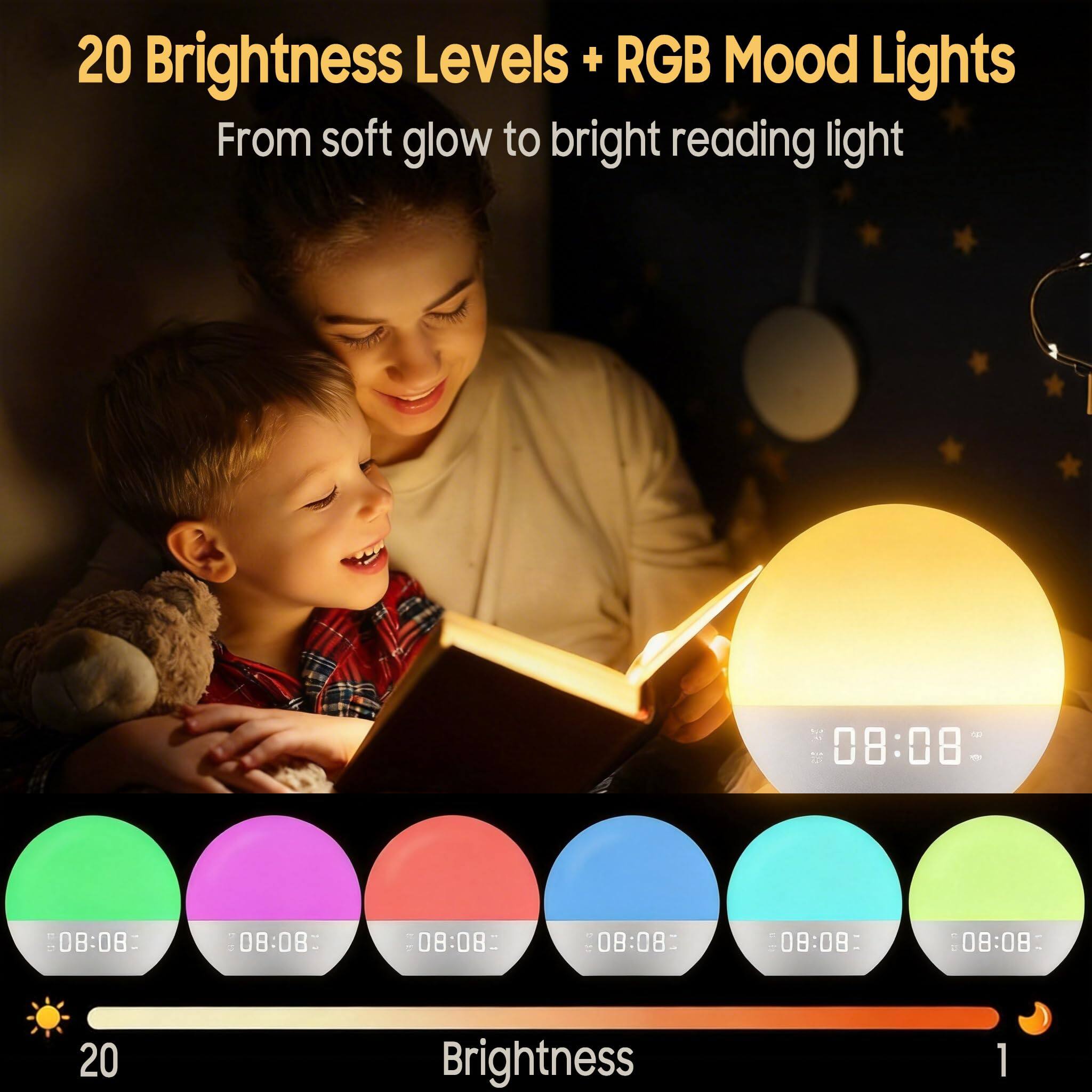 20 Brightness Levels + RGB Mood Lights  
From soft glow to bright reading light  

Brightness  
20