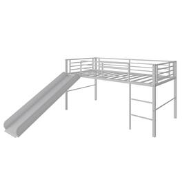 Gymax - Twin Metal Loft Bed with Slide Guardrails Built-in Ladder Low Bed Frame - Silver