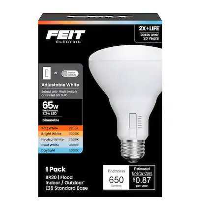 FEIT ELECTRIC 2X+ LIFE Lasts over 20 Years or Switch on Bulb Adjustable White Select with Wall Switch or Preset on Bulb 65w Replacement 7.2w LED Dimmable 20M n P adde Soft White 2700K Bright White 3000K Neutral White 3500K Cool White Daylight 4000K 5000K 1 Pack BR30 Flood Indoor / Outdoor E26 Standard Base Estimated Brightness Energy Cost 650 $0.87 lumens per year