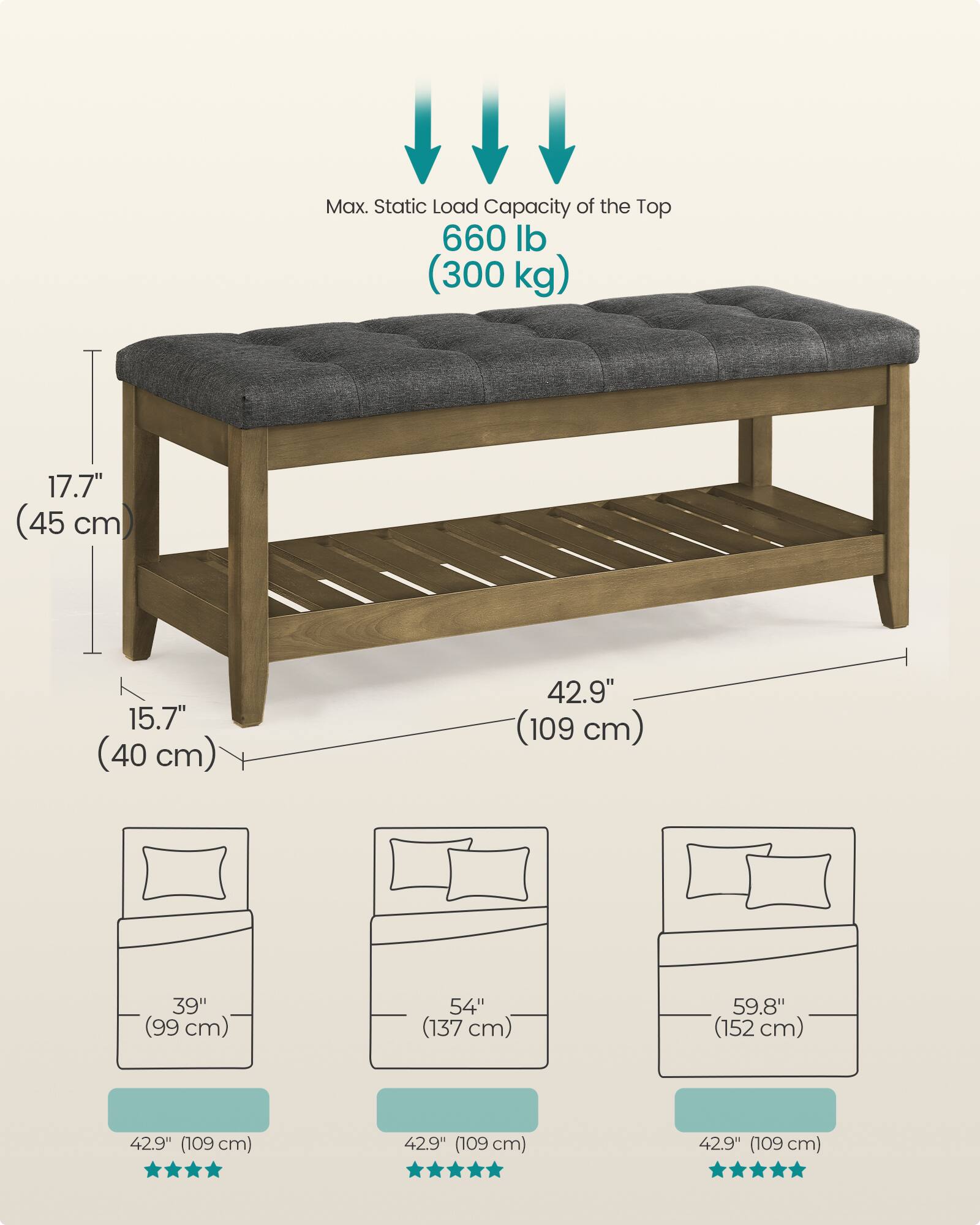 Max. Static Load Capacity of the Top 660 lb (300 kg)  
17.7" (45 cm)  
15.7" (40 cm)  
42.9" (109 cm)  
39" (99 cm)  
54" (137 cm)  
59.8" (152 cm)  
42.9" (109 cm)  
42.9" (109 cm)  
42.9" (109 cm)