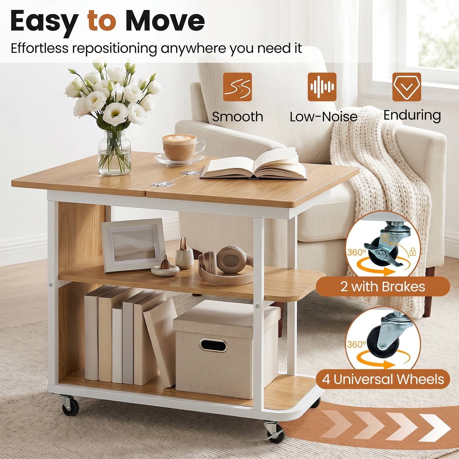 Easy to Move  
Effortless repositioning anywhere you need it  
SS Smooth  
Low-Noise  
Enduring  
360° 2 with Brakes  
360° 4 Universal Wheels