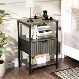 Winado - Fluted Style Nightstand with Charging Station Fabric Drawer and 2 Shelves USB Type-C AC Outlets Front Bedside Table - Grey Oak