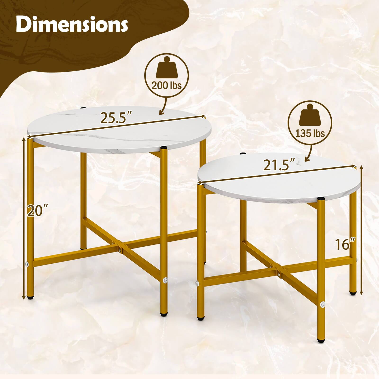 Dimensions: 200 lbs, 25.5" in diameter; 135 lbs, 21.5" in diameter; 20" in diameter, 16" in height.