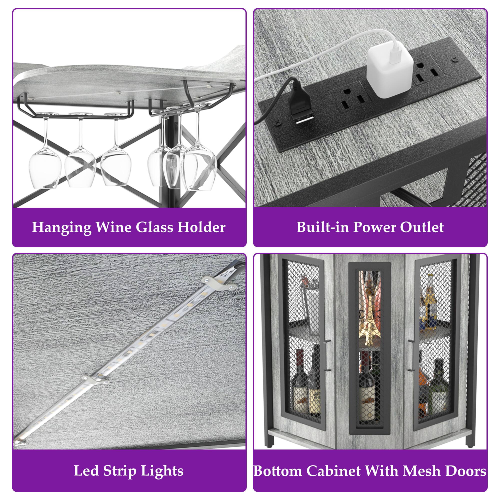 I9ES Hanging Wine Glass Holder  
Built-in Power Outlet  
Led Strip Lights  
Bottom Cabinet With Mesh Doors