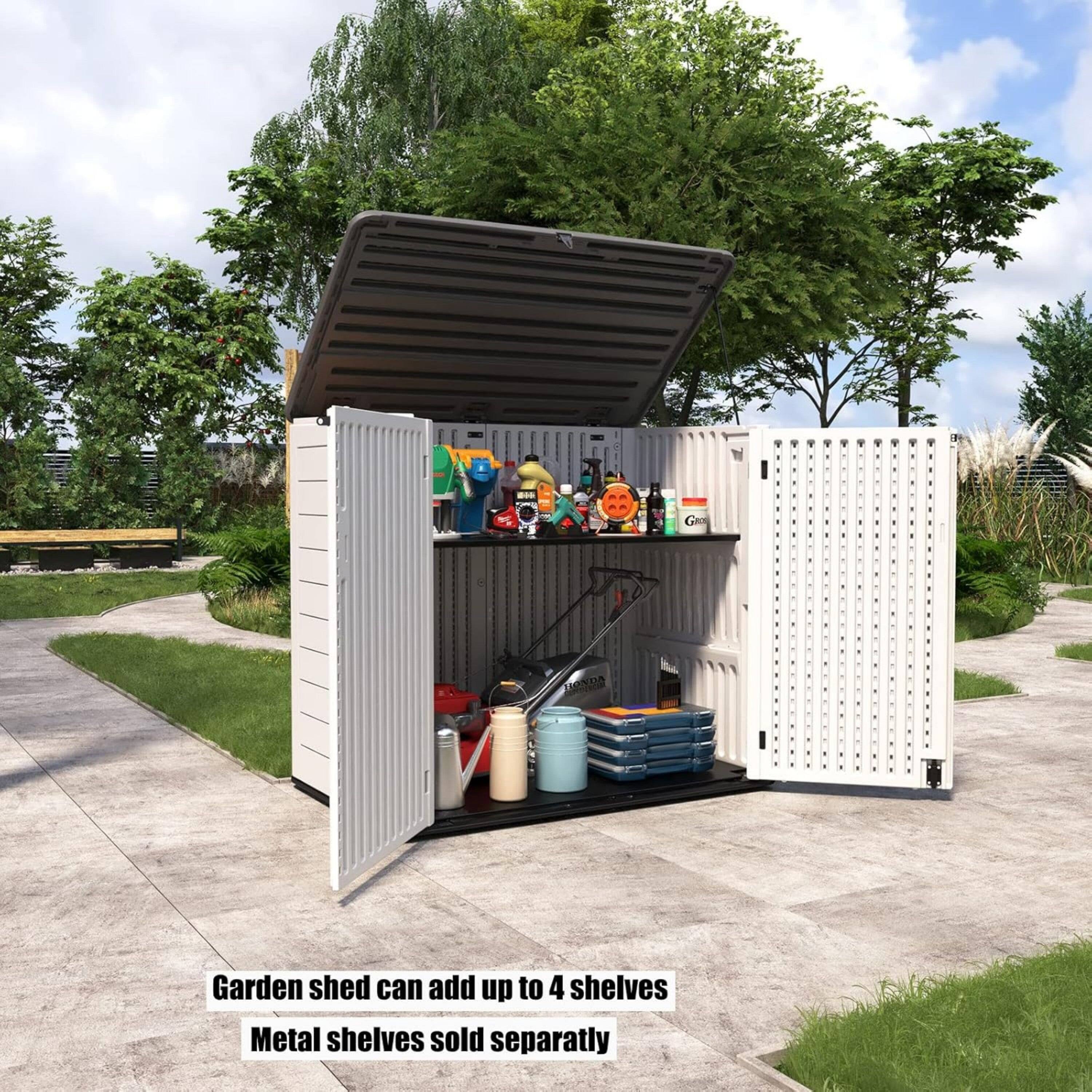 Garden shed can add up to 4 shelves  
Metal shelves sold separately