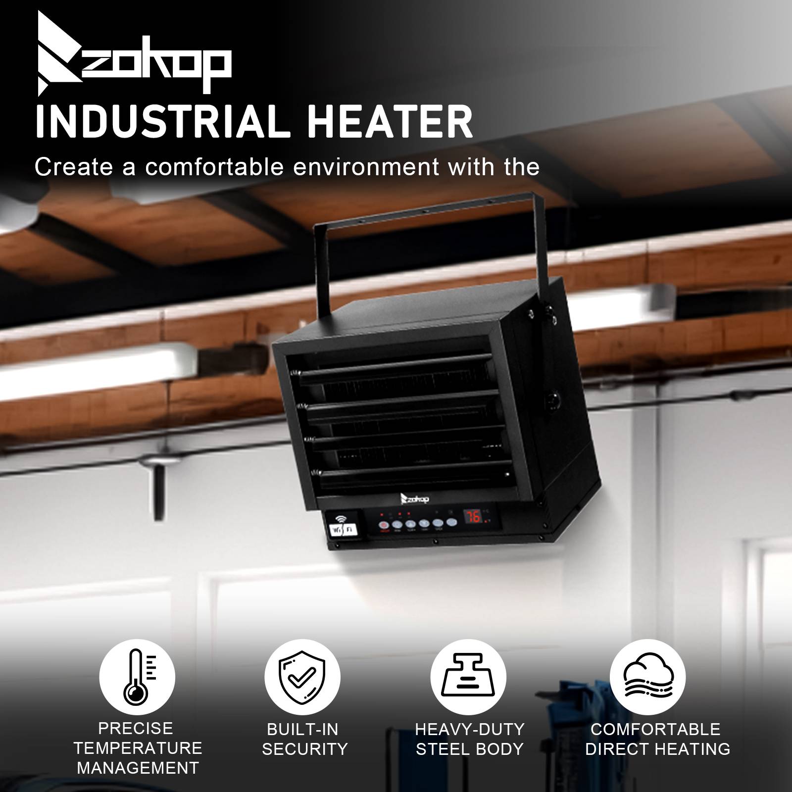 zokop INDUSTRIAL HEATER  
Create a comfortable environment with the  

- PRECISE BUILT-IN TEMPERATURE SECURITY MANAGEMENT  
- HEAVY-DUTY COMFORTABLE STEEL BODY  
- DIRECT HEATING