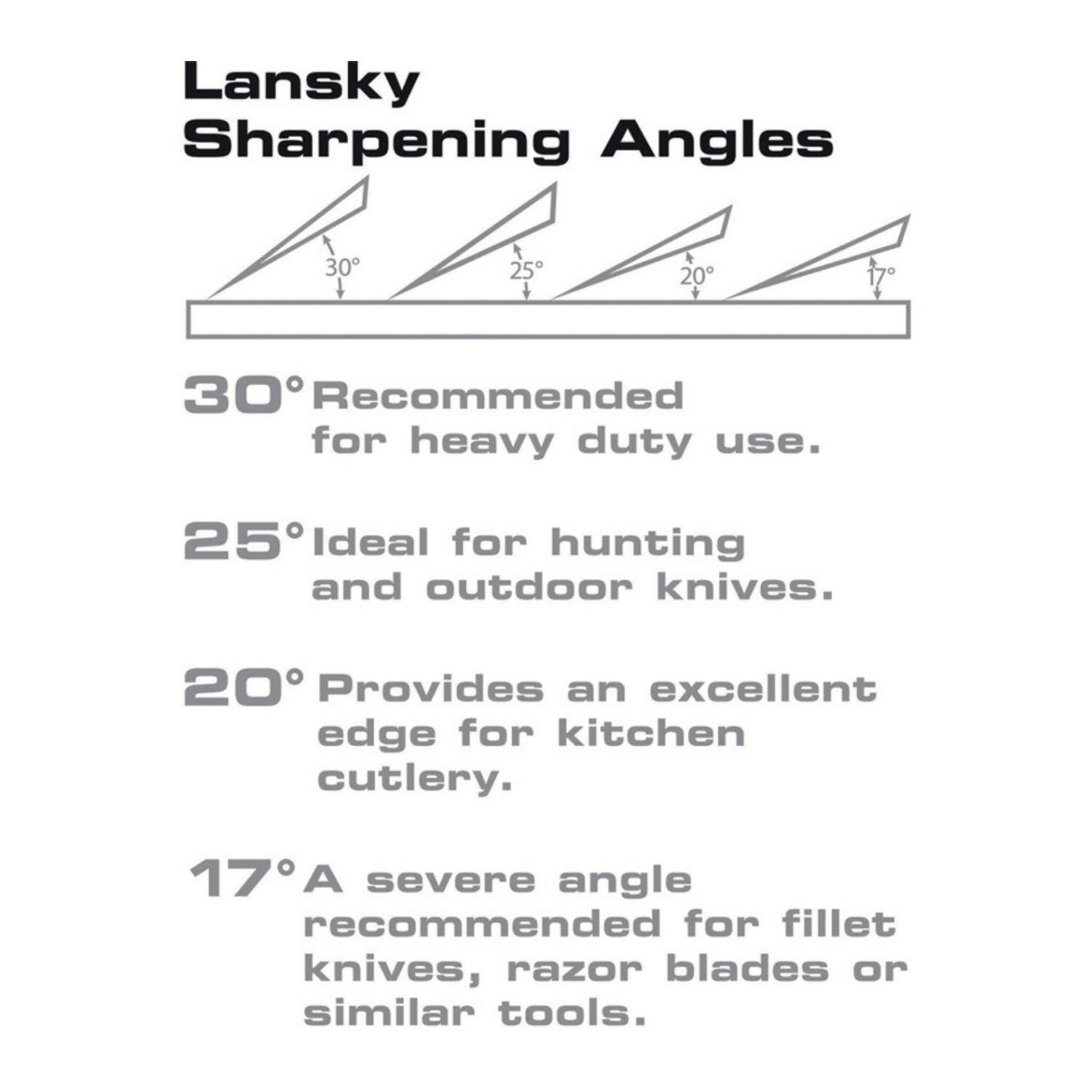 Lansky Sharpening Angles

30° Recommended for heavy duty use.

25° Ideal for hunting and outdoor knives.

20° Provides an excellent edge for kitchen cutlery.

17° A severe angle recommended for fillet knives, razor blades or similar tools.