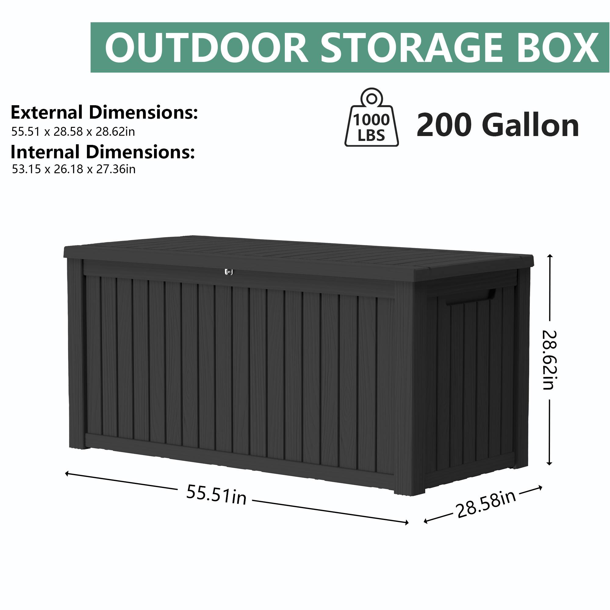 OUTDOOR STORAGE BOX

External Dimensions: 55.51 x 28.58 x 28.62in
Internal Dimensions: 53.15 x 26.18 x 27.36in

1000 200 Gallon LBS

55.51in
28.58in
28.62in