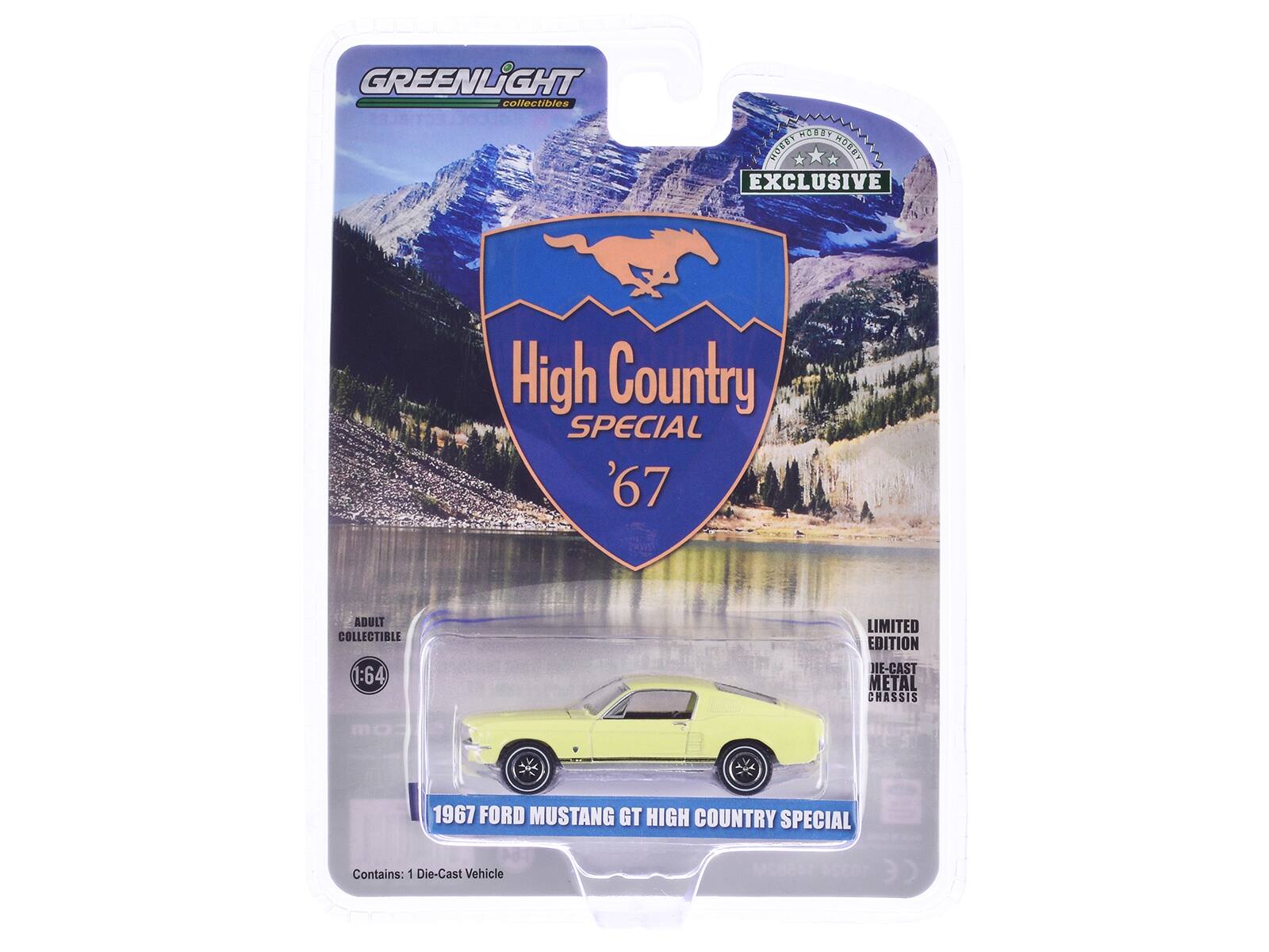GREENLIGHT collectibles

EXCLUSIVE

High Country SPECIAL '67

1967 FORD MUSTANG GT HIGH COUNTRY SPECIAL

LIMITED EDITION
DIE-CAST METAL CHASSIS

ADULT COLLECTIBLE
1:64

Contains: 1 Die-Cast Vehicle