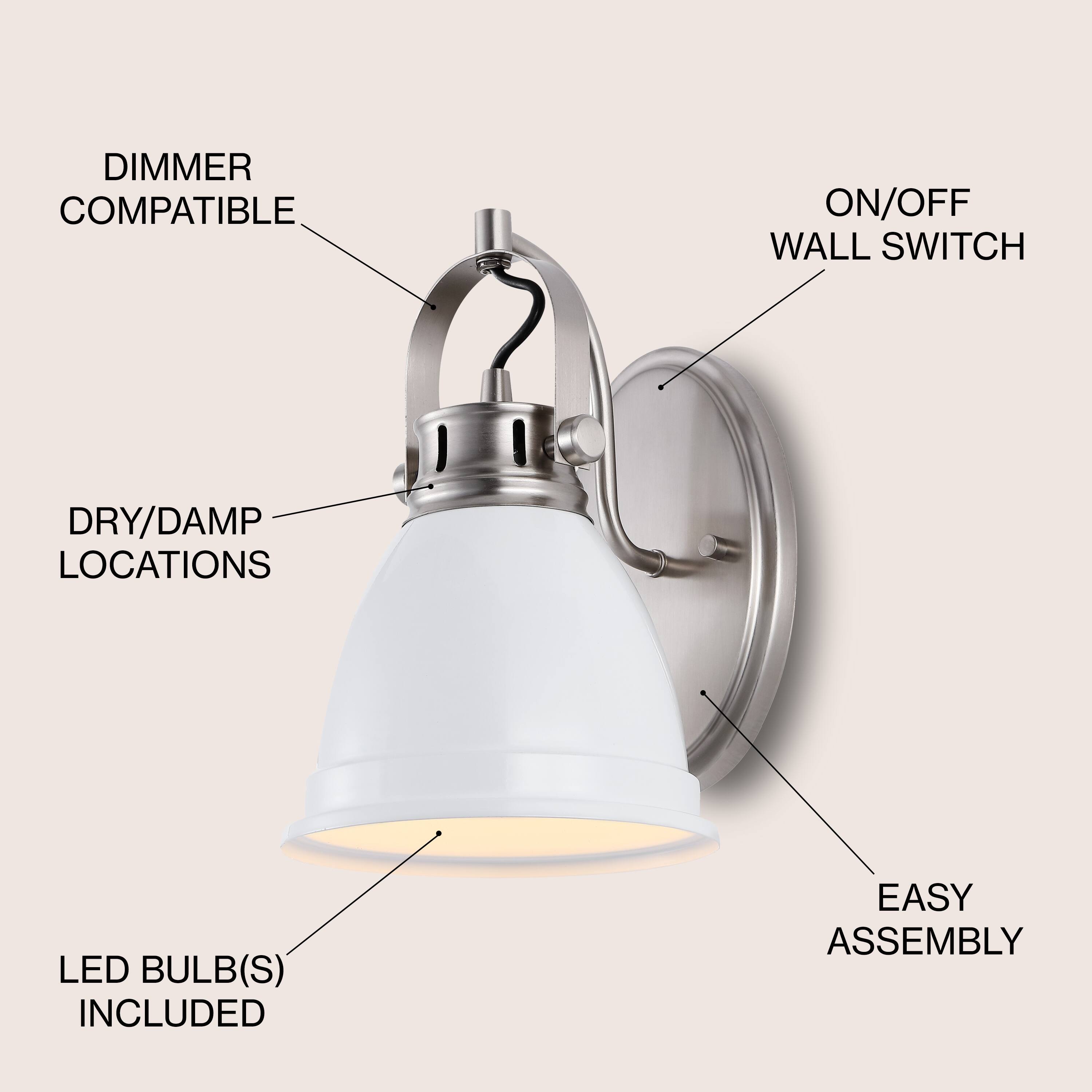 DIMMER COMPATIBLE  
ON/OFF WALL SWITCH  
DRY/DAMP LOCATIONS  
LED BULB(S) INCLUDED  
EASY ASSEMBLY