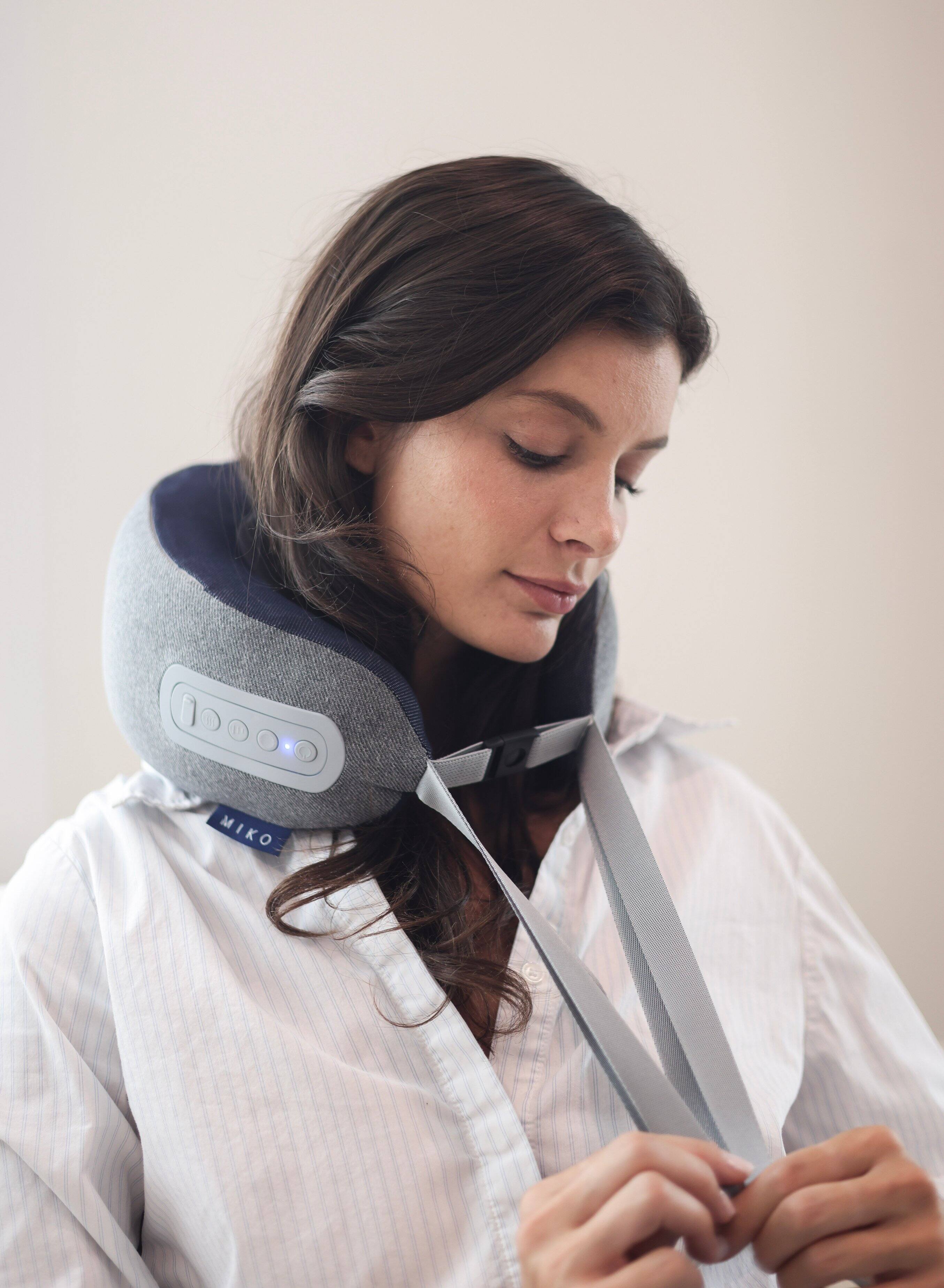 Left. Miko - Miko Snug Neck Massage Pillow with Memory Foam, Graphene Heat, Deep Kneading Massage, 3 Modes, Auto Shut-Off - Grey/Blue.