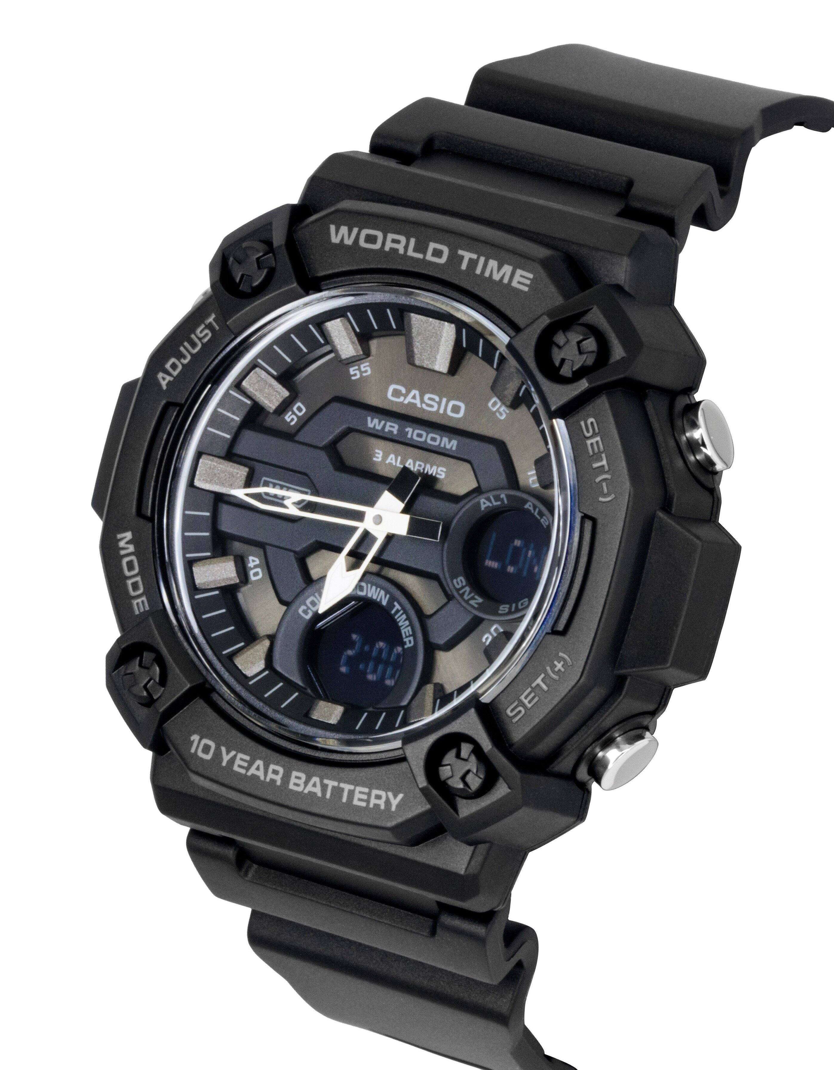 WORLD TIME  
ADJUST  
CASIO  
WR 100M  
3 ALARMS  
MODE  
10 YEAR BATTERY  

SET(-)  
SET(+)  

AL1  
AL2  
AL3  

TIMER  
CWN  
ZNS  
SIG