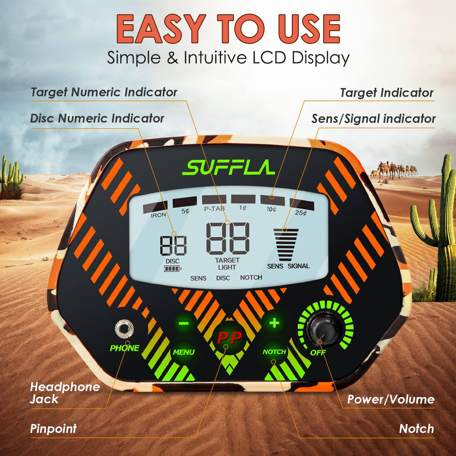 EASY TO USE  
Simple & Intuitive LCD Display  

Target Numeric Indicator  
Disc Numeric Indicator  
Target Indicator  
Sens/Signal indicator  

SUFFLA  

IRON  
5¢  
P-TAB  
1¢  
10¢  
25¢  

DISC  
TARGET  
LIGHT  
SENS  
SIGNAL  
NOTCH  

PHONE  
MENU  
Pinpoint  
Headphone Jack  
Power/Volume  
Notch  

88  
88  
SENS  
DISC  
NOTCH  
OFF