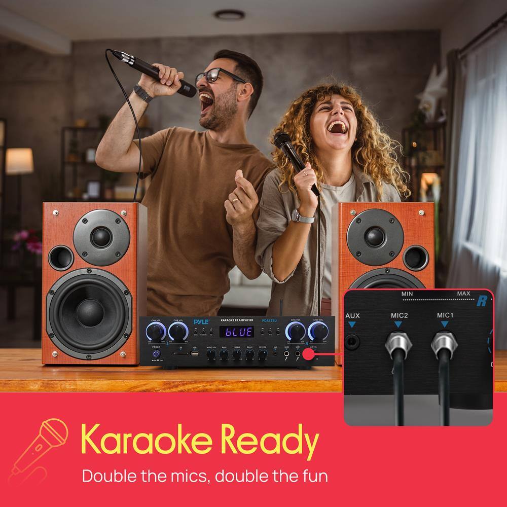 PYLE: 4: BLUE PATTE AUX MIN MIC2 MAX R MIC1

Karaoke Ready

Double the mics, double the fun