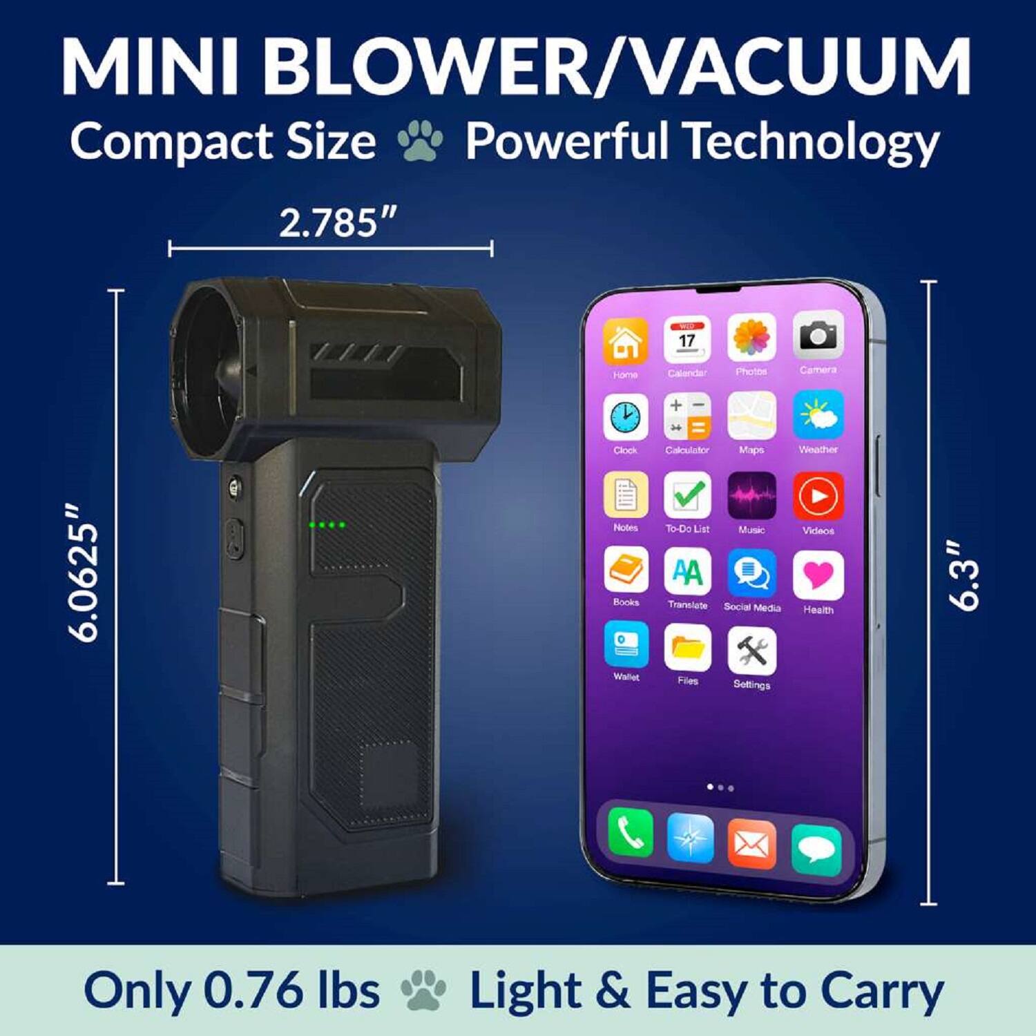 MINI BLOWER/VACUUM  
Compact Size Powerful Technology  
2.785"  
6.0625"  
Only 0.76 lbs  
Light & Easy to Carry