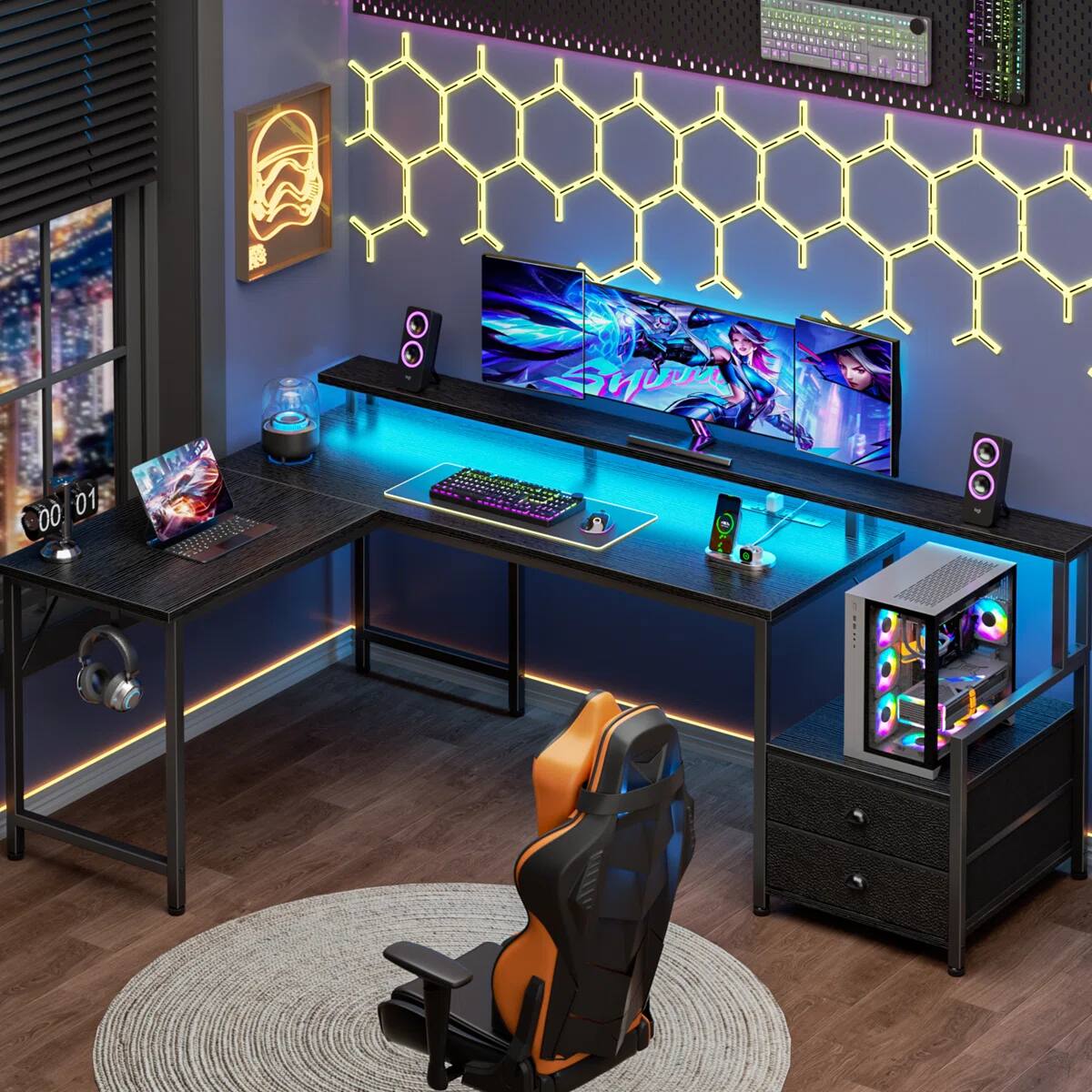 Alt View 1. Furnulem - 66 In LShaped Gaming Desk with LED Lights  Power Outlets Computer Desk with Drawers  Printer Stand - Black.