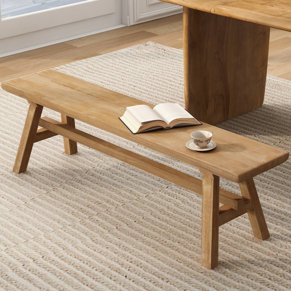 Angle. Ropilly - Ropilly 55 Inch Farmhouse Wood Bench Solid Wood Dining Bench Rustic Entryway Bench Rubber Wood Indoor Bench Seat - Natural Wood.